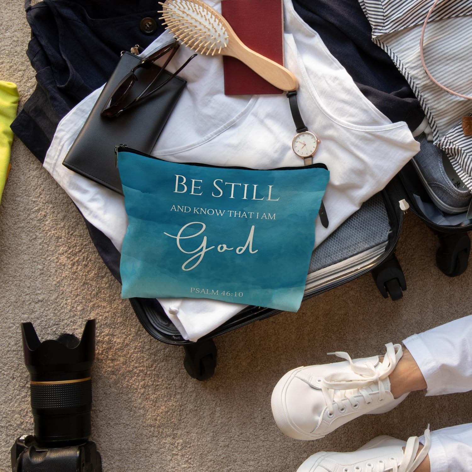 Christian Leather Makeup Bag with Bible Verse 'Be Still and Know That I Am God' - Scripture Gift for Women, Blue Pu Cosmetic Pouch - Perfect for Church, Travel & Daily Devotional Use