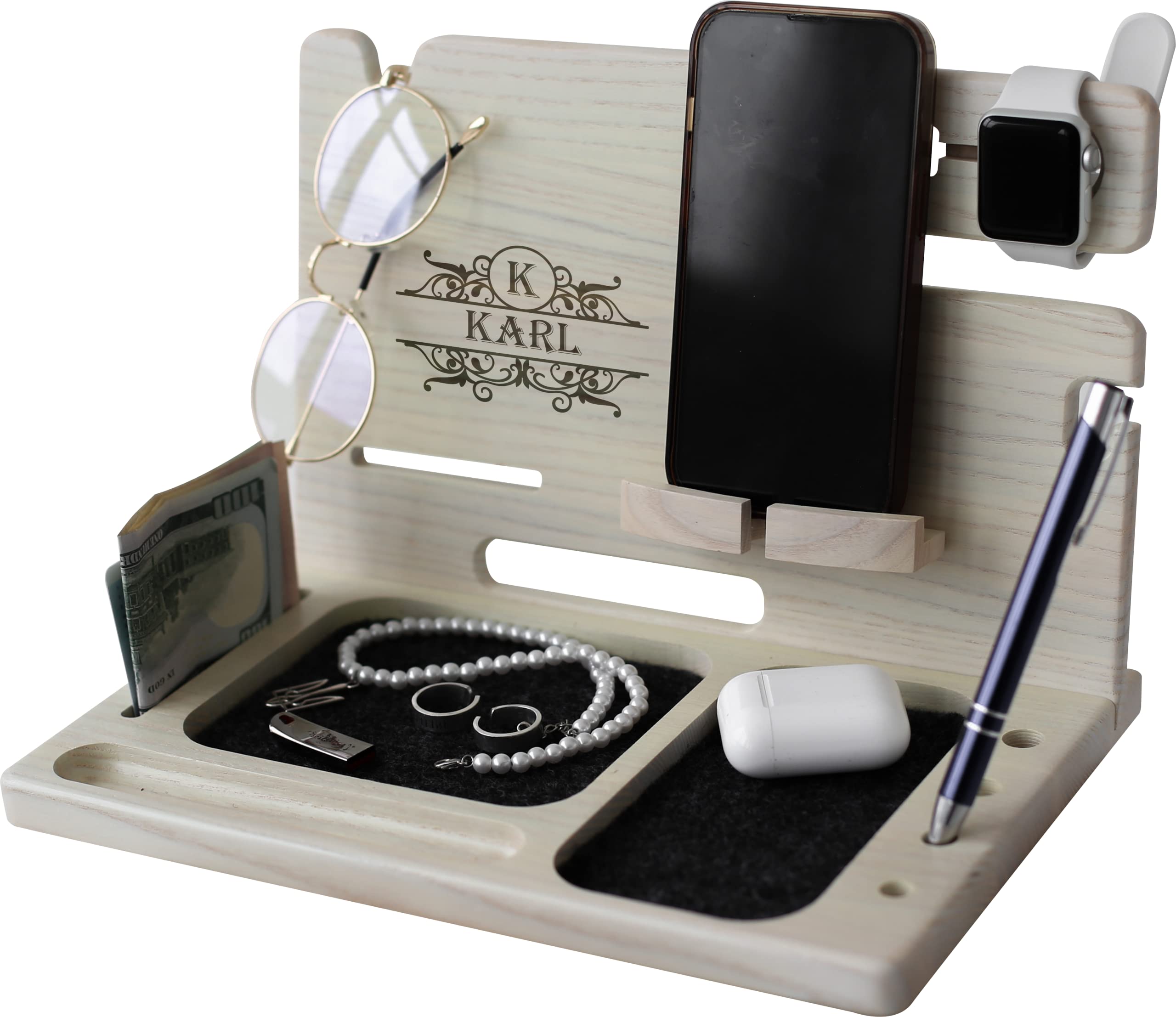 Personalized Wooden Phone Stand & Desk Organizer - Multi-Function Charging Station for iPhone, Android, Smartwatch & Wallet | Perfect Gift for Men, Office & Nightstand Use