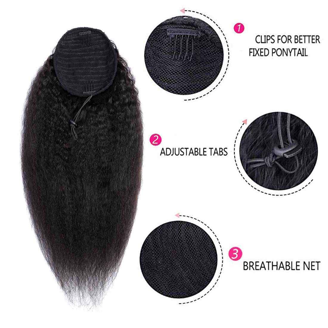 20 Inch Kinky Straight Brazilian Human Hair Ponytail Extensions - 10A Grade Natural Black Yaki Straight Drawstring Ponytail Hairpiece for Black Women | Perfect for Daily Wear, Parties & Special Occasions