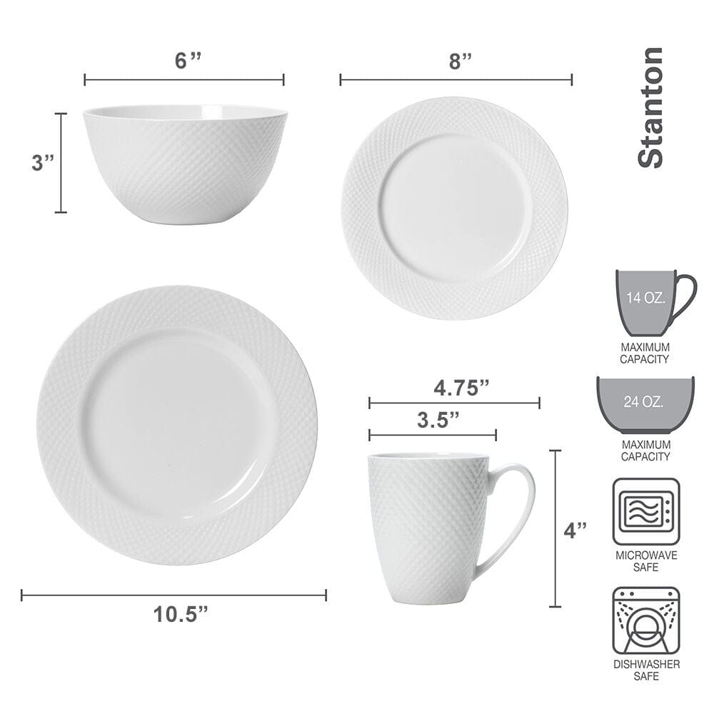 Premium 16-Piece Stanton Porcelain Dinnerware Set - Elegant White Ceramic Plates, Bowls & Mugs for Family Dining, Restaurant Use & Special Occasions