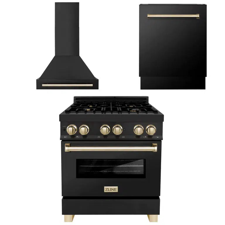 ZLINE Autograph Edition 30-inch Black Stainless Steel Dual Fuel Range with Range Hood & Dishwasher - Kitchen Package with Polished Gold Accents (3AKP RABRHDWV30 G) | Premium Cooking Set for Modern Kitchens, Restaurant-Style Experience at Home