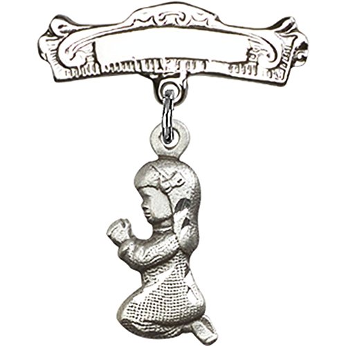Sterling Silver Baby Badge with Praying Girl Charm - 1 X 7/8 Inch Arched Polished Pin - Perfect for Christening, Baptism & Baby Shower Gifts