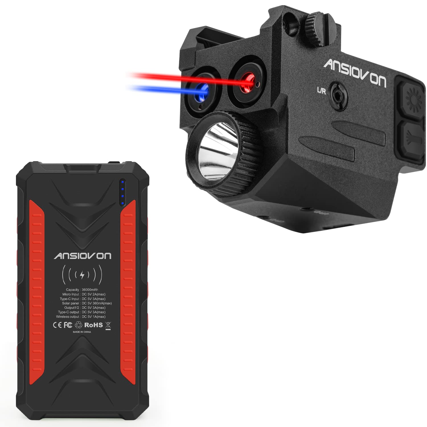 ANSI OVON 500 Lumens Blue Red Laser Light Combo for Pistols with Solar Charger - 36000mAh Portable Power Bank, Qi Wireless Charging & LED Flashlight | Tactical Gun Accessories for Hunting, Shooting Range & Outdoor Activities