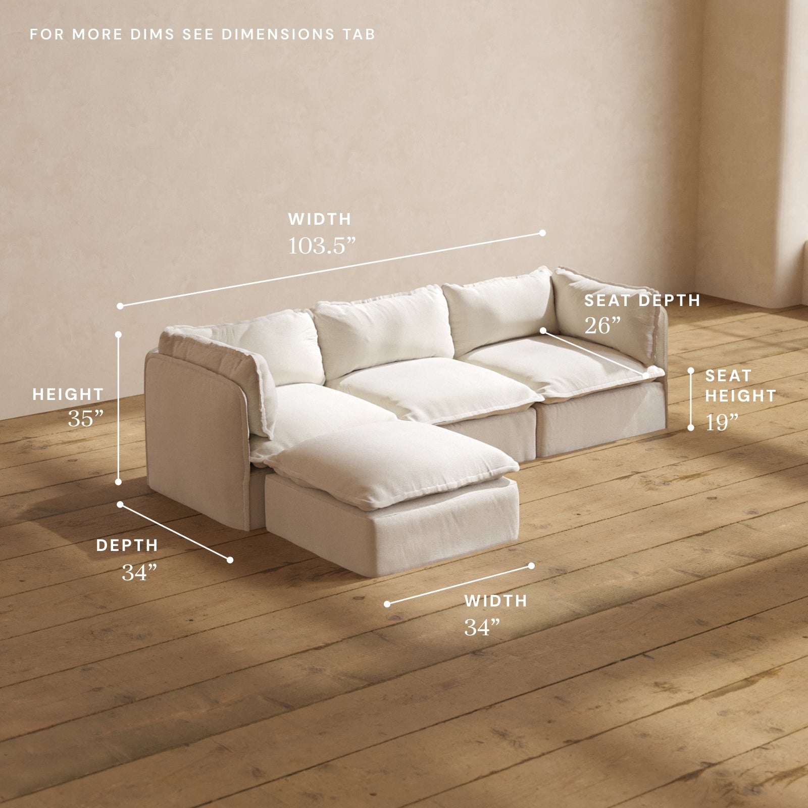 Modular Performance 3-Seater Sectional Sofa in Flour Fabric | Relaxed Blend L-Shaped Couch for Living Room, Family Room & Lounge Areas