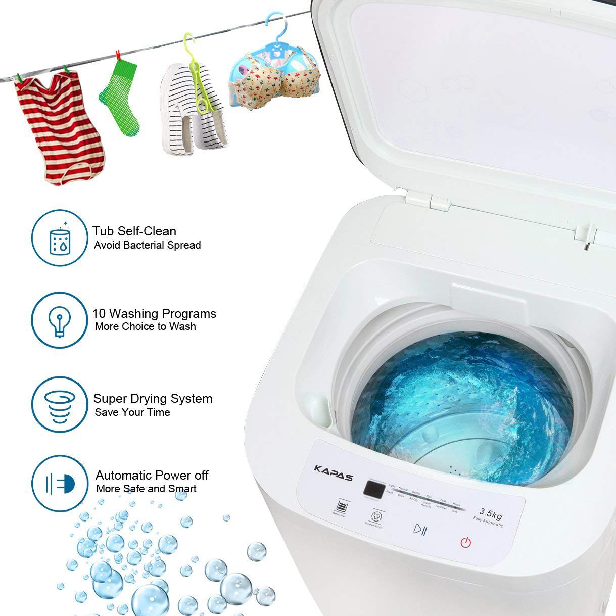 Upgraded KAPAS KPS35-735H2 Compact 2-in-1 Fully Automatic Washing Machine with Spin Dryer - 8 lbs Capacity, Built-in Pump & Long Hose - Perfect for Apartments, RVs & Small Spaces