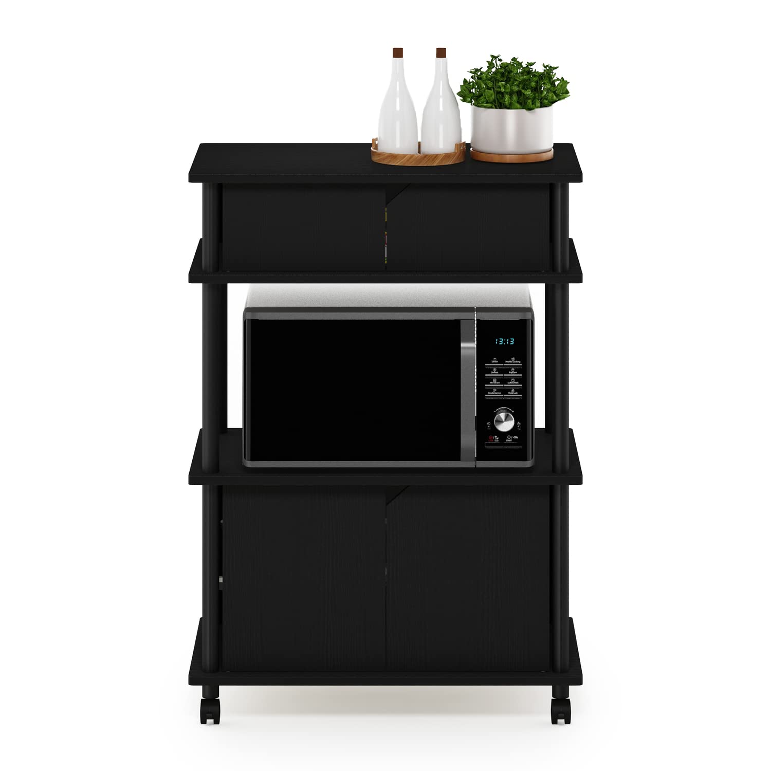 Furinno Turn-N-Tube 3-Tier Kitchen Storage Cart with Locking Wheels & Cabinet - Americano/Black - Perfect for Small Spaces, Pantry Organization & Mobile Kitchen Storage