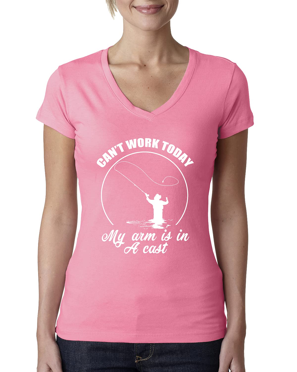 Can't Work Today My Arm is in A Cast Fishing T-Shirt - Women's Junior Fit V-Neck Tee - Funny Fishing Gift for Anglers, Casual Wear for Outdoors & Relaxation