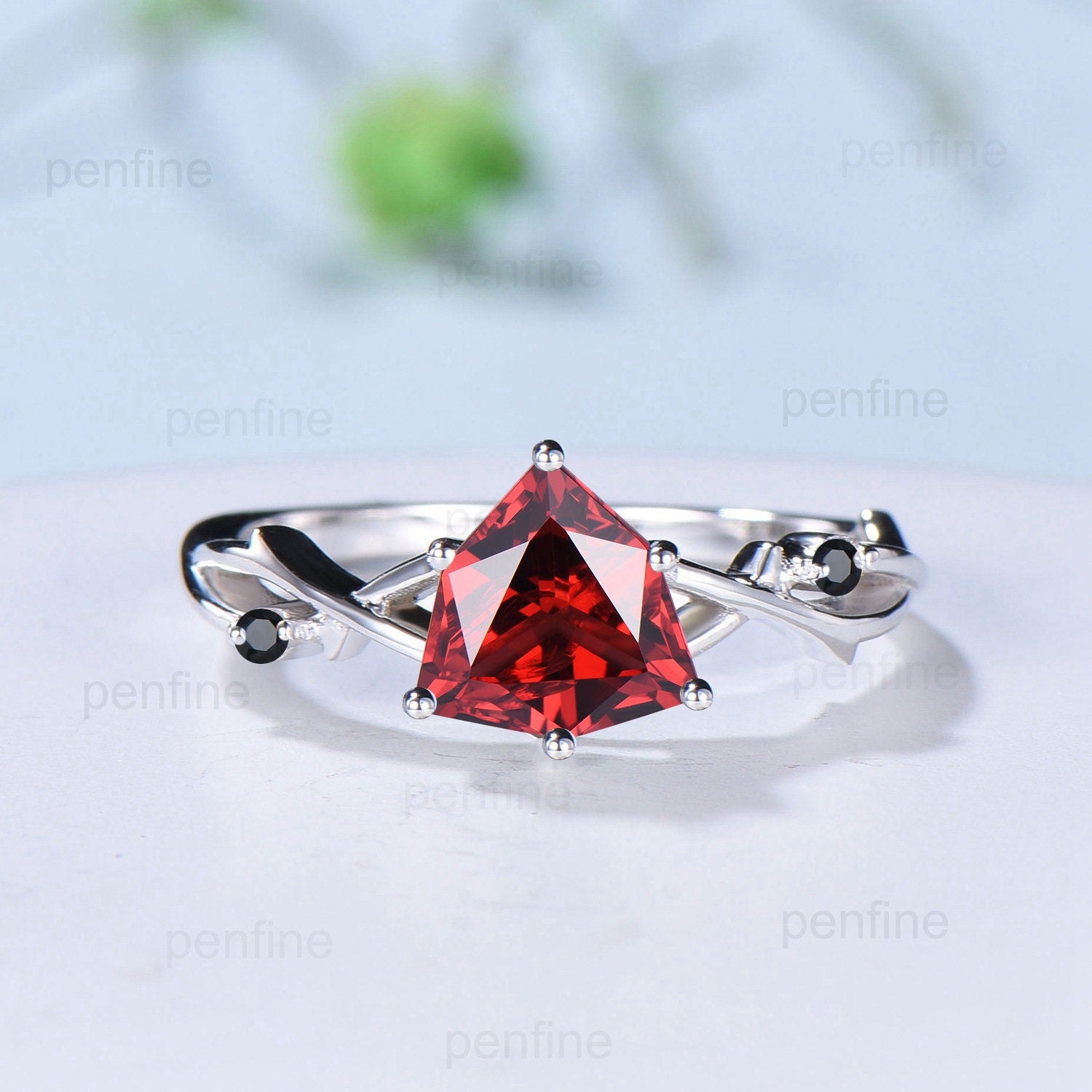 8mm Shield Cut Garnet Engagement Ring - Art Deco Vintage Twig Vine Wedding Band - Infinity Leaf Branch Design - January Birthstone Jewelry for Women - Perfect for Proposals, Anniversaries & Special Occasions