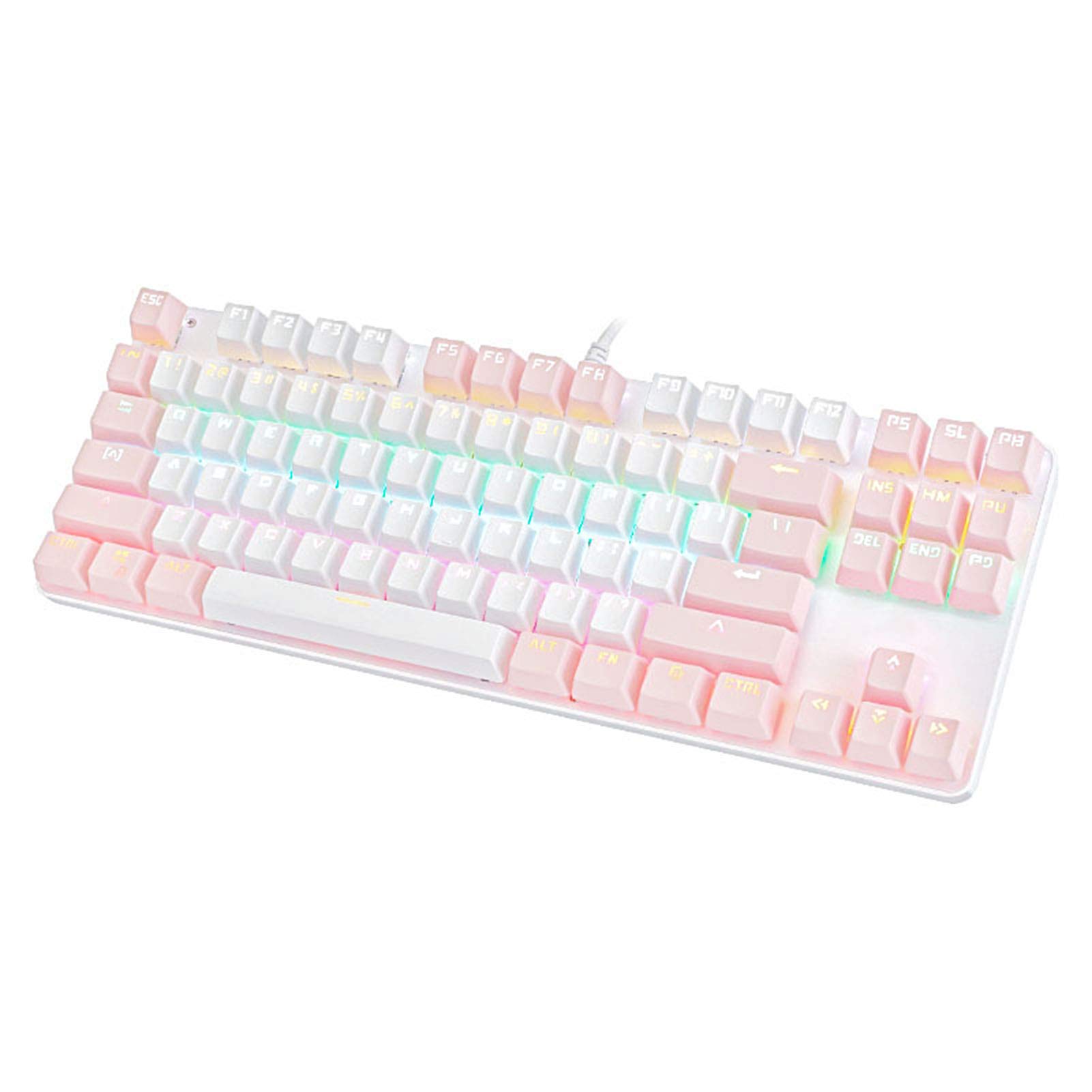 Newrys K100 87-Key USB Backlit Mechanical Keyboard with Green Switch - Quiet Ergonomic Water-Resistant Design for Office, Home & Gaming - Perfect for Typing, Programming & PC Gaming (White & Pink)