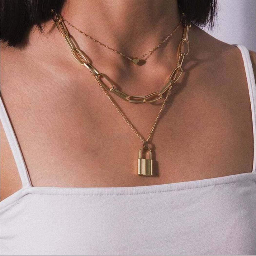 Punk Lock Chain Layered Gold Heart Choker Necklace for Women & Girls - Gothic Jewelry with Link Chain for Party, Concert & Everyday Wear (Gold)