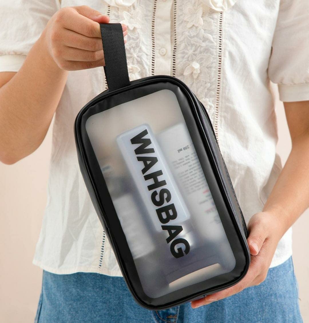 **JAPVA MART Clear Travel Toiletries Bag - Waterproof Cosmetic Makeup Organizer for Women, PVC Portable Wash Bag for Business & Bathroom Essentials (Medium, Black) - Perfect for Air Travel, Gym & Weekend Getaways**