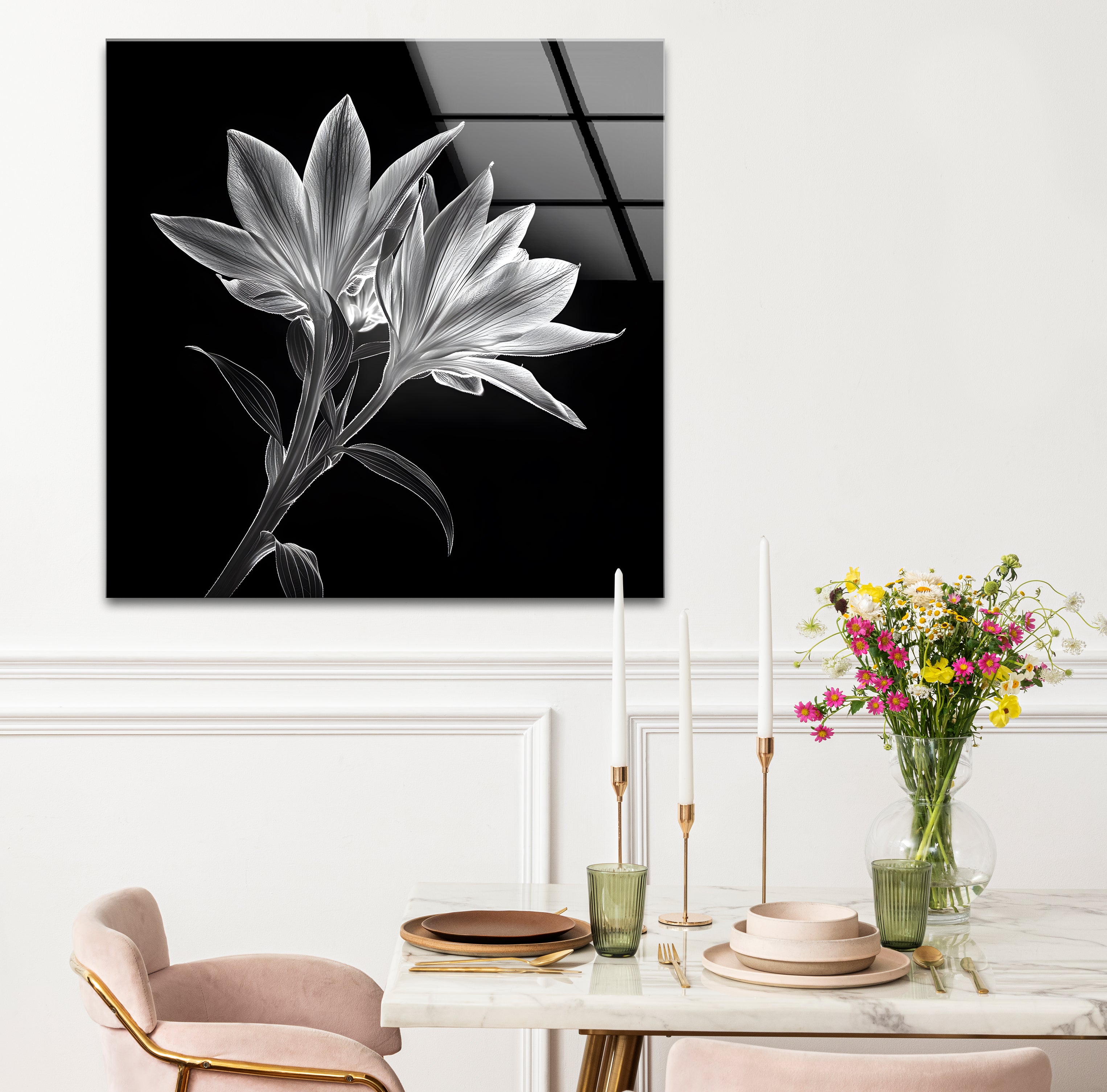Black and White Xray Lilies Glass Wall Art - Elegant Floral Decor for Living Room, Bedroom, or Office - Perfect for Home and Office Decor