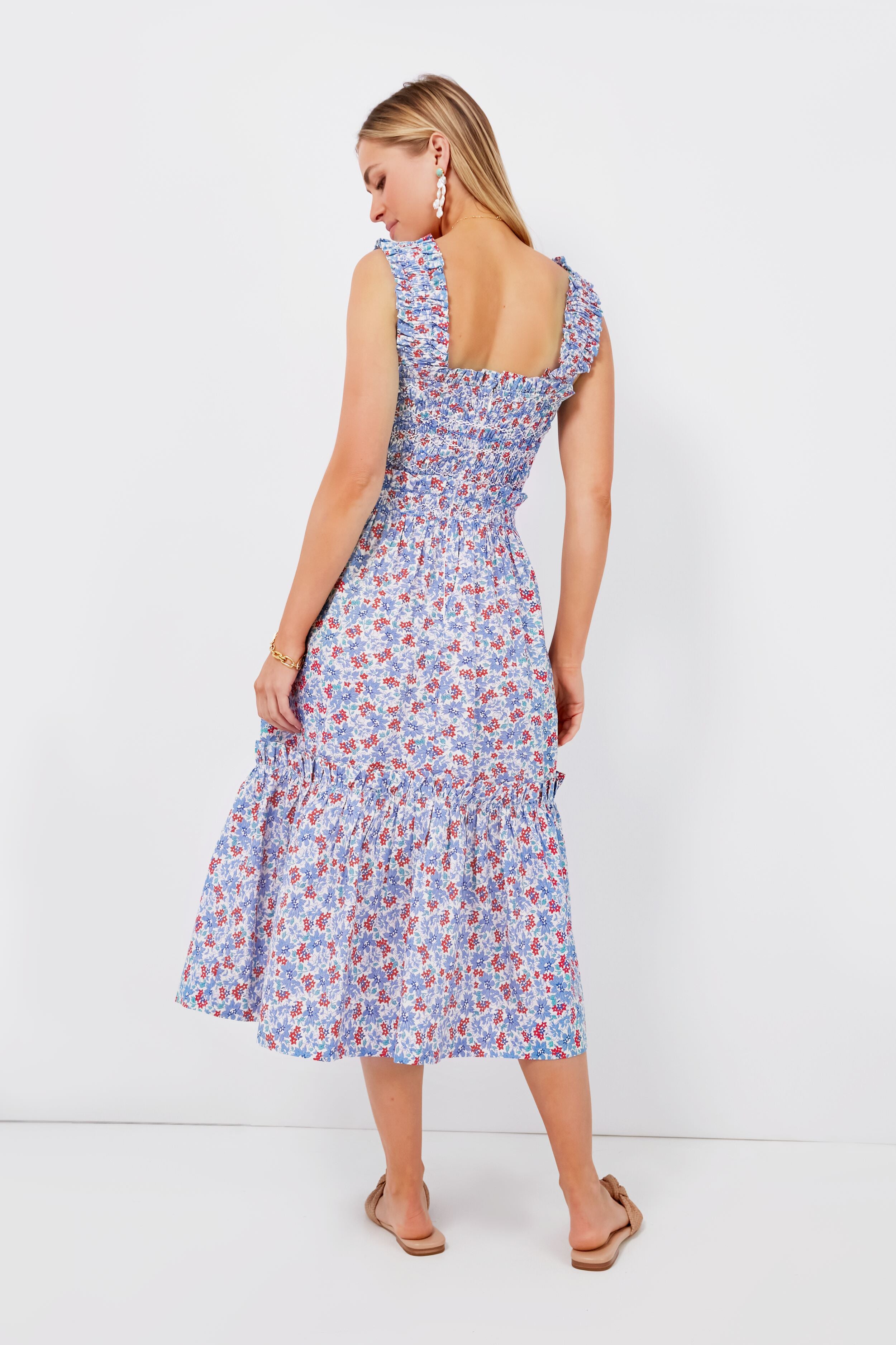 Blue Peggy Floral Sleeveless Smocked Dress for Women - Summer Beach Vacation, Garden Party & Casual Outfit
