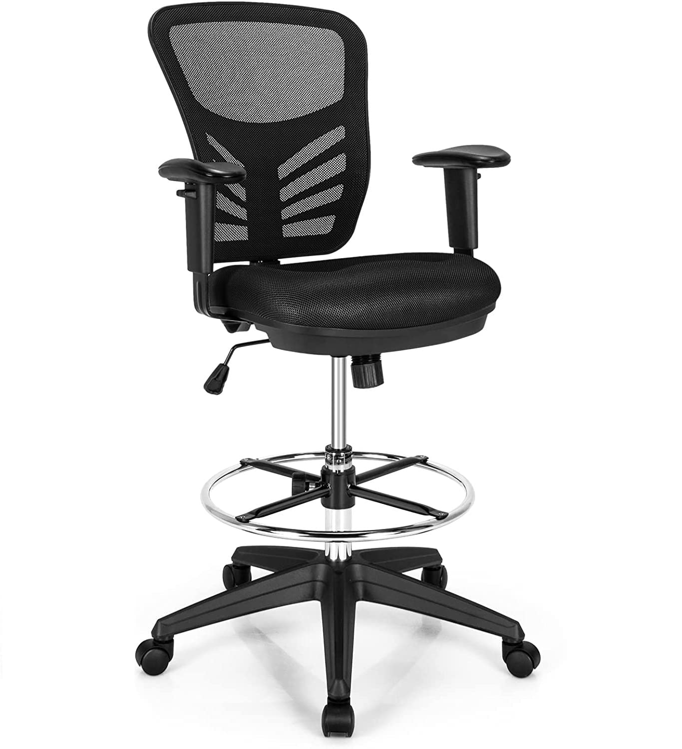 COSTWAY Ergonomic Mesh Office Chair with Adjustable Footrest & Armrests - Counter Height Standing Desk Chair, Rolling Height Adjustable Computer Drafting Chair for Home Office (Black) | Perfect for Long Work Hours, Gaming & Remote Work