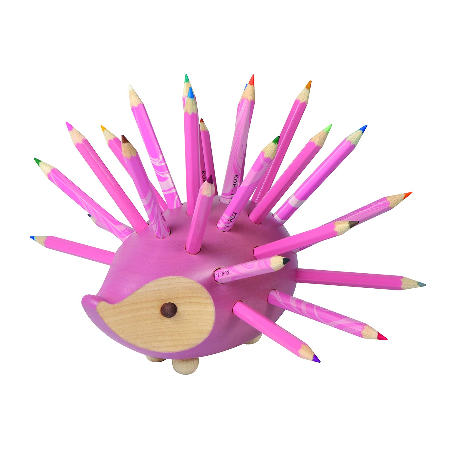 Koh-I-Noor Hardtmuth Small Wooden Hedgehog Pencil Holder with 12 Colored Pencils - Pink Art & Craft Gift for Kids, Perfect for Drawing, Coloring & School Supplies Organization