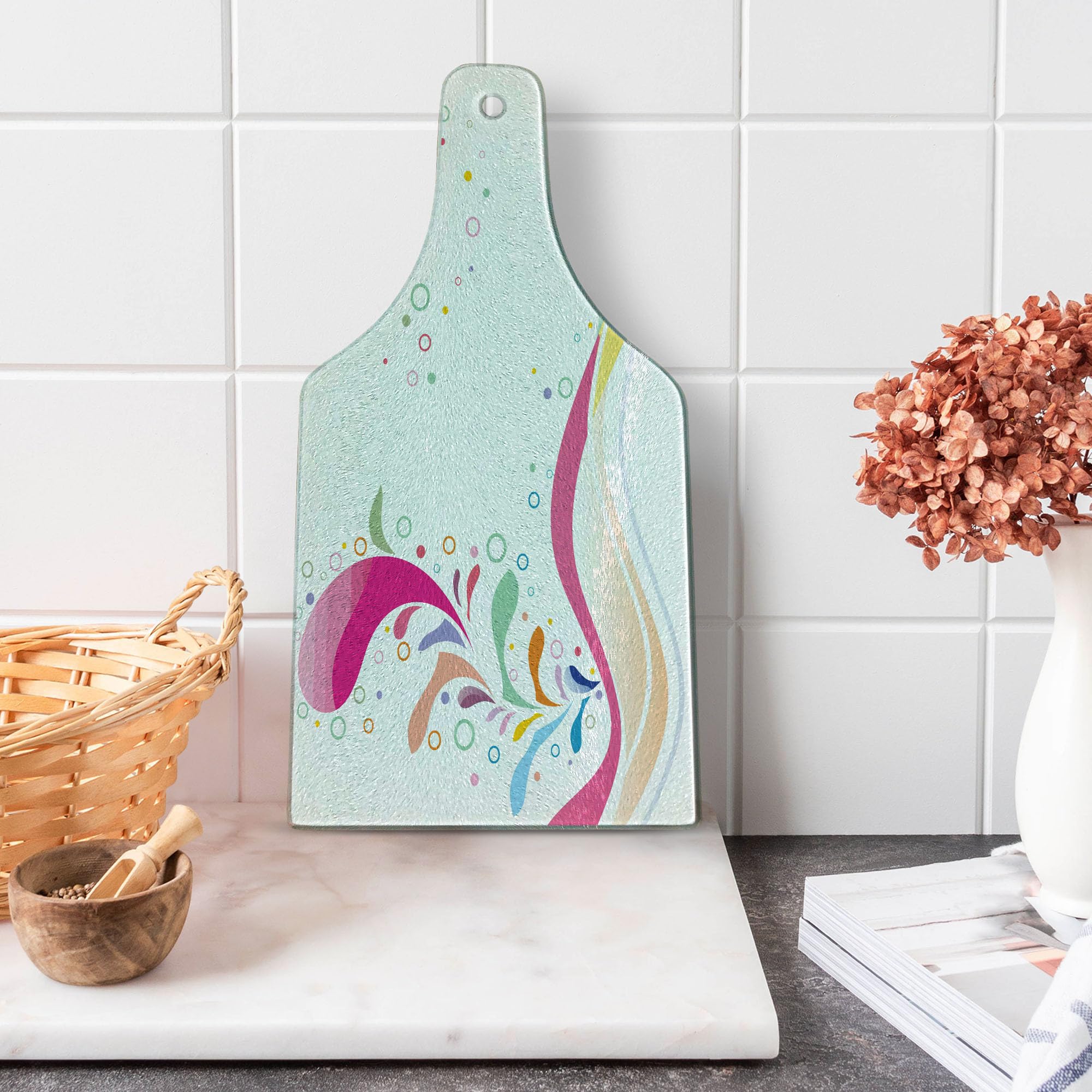 Ambesonne Floral Tempered Glass Cutting Board - Vivid Bubbles & Circular Dots with Flower Leaves Design - Decorative Serving Board for Kitchen, Cheese, Charcuterie - Wine Bottle Shape Multicolor for Parties & Gifts