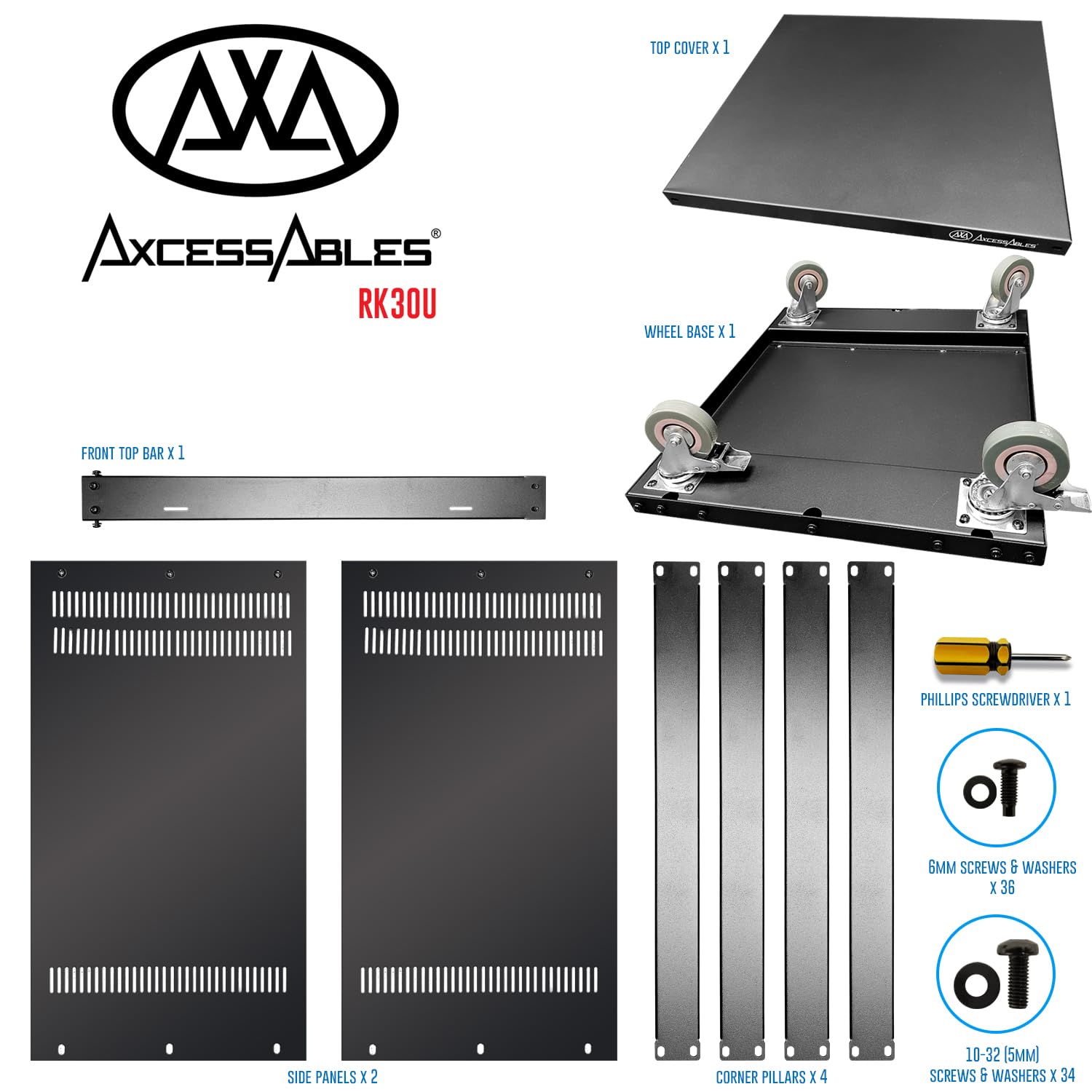 AxcessAbles RK 30U 30U Server Rack Cabinet with Caster Wheels - Compatible with 10-32 (USA 5mm & European 6mm) Rack Standards - for AV Equipment, DJ Gear, Home Theater, Network, Server, Computer & Electronics - Perfect for Studio, Data Center & Office Use