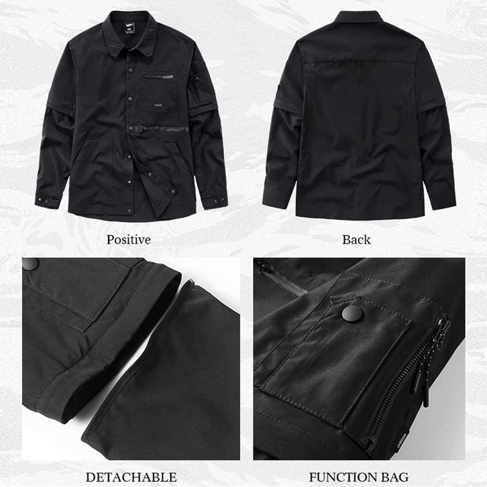 Black Cargo Shirt for Men - Long Sleeve Tactical Shirt with Removable Sleeves | Hip Hop Streetwear & Techwear Style | Perfect for Outdoor Adventures, Urban Fashion & Military Inspired Looks