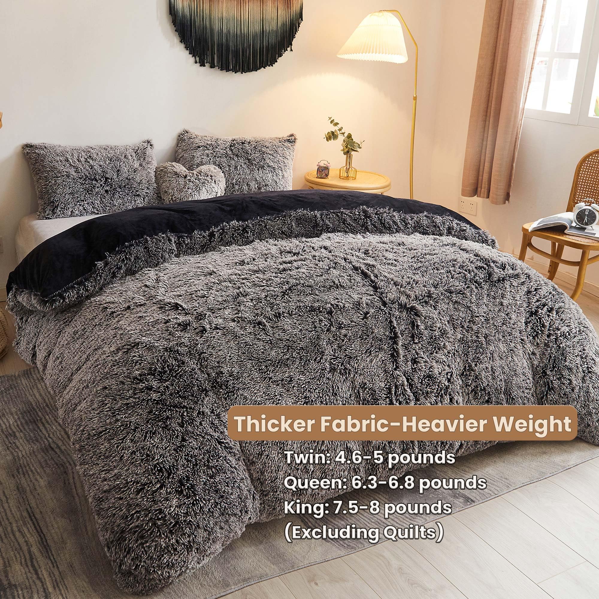 Luxury Shaggy Plush Duvet Cover Set - 3 Piece Soft Fluffy Faux Fur Comforter Cover with Zipper Closure, Fuzzy Bedding Set (1 Queen Size Furry Duvet Cover + 2 Pillow Shams) in Black Ombre - Perfect for Cozy Winter Nights & Stylish Bedroom Decor