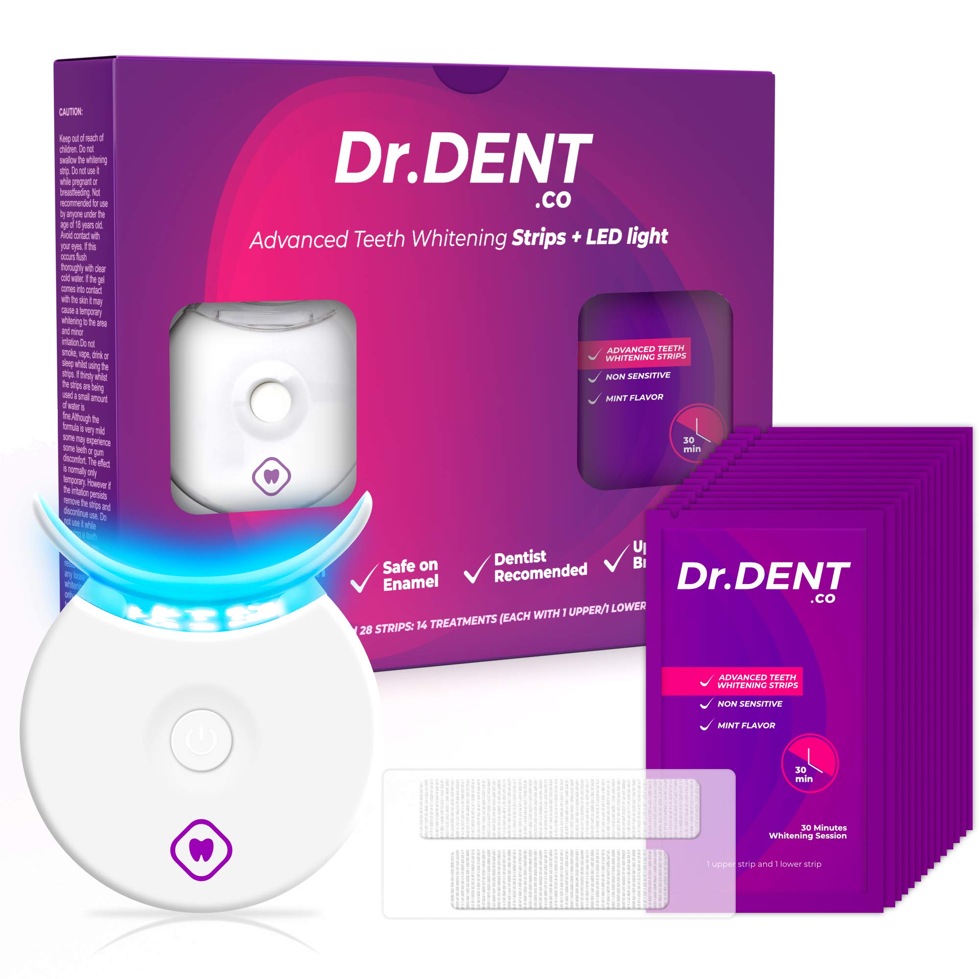 DrDent Advanced Teeth Whitening Strips with LED Light Accelerator - 28 Professional Dental Whitening Strips for Brighter Smile - Enamel Safe, Mint Flavored - Includes Mouth Opener & Shade Guide - Perfect for Home Use, Special Occasions & Confidence Boosting