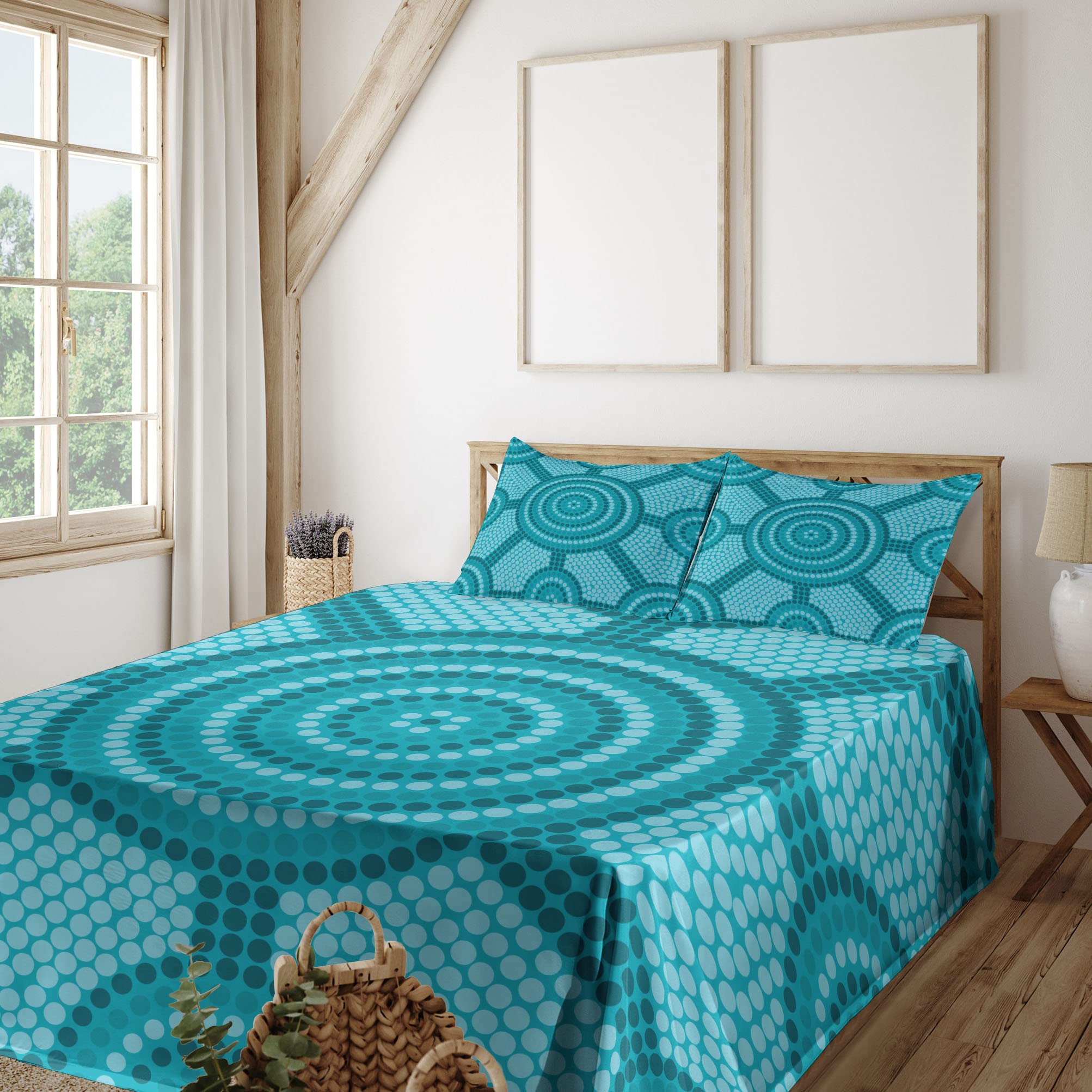 Ambesonne 4-Piece King Sheet Set - Teal Aboriginal Dot Painting Design, Soft & Breathable Bedding with Fitted Sheet, Flat Sheet & 2 Pillowcases | Australian Native Art Inspired Bedroom Decor for Modern Homes