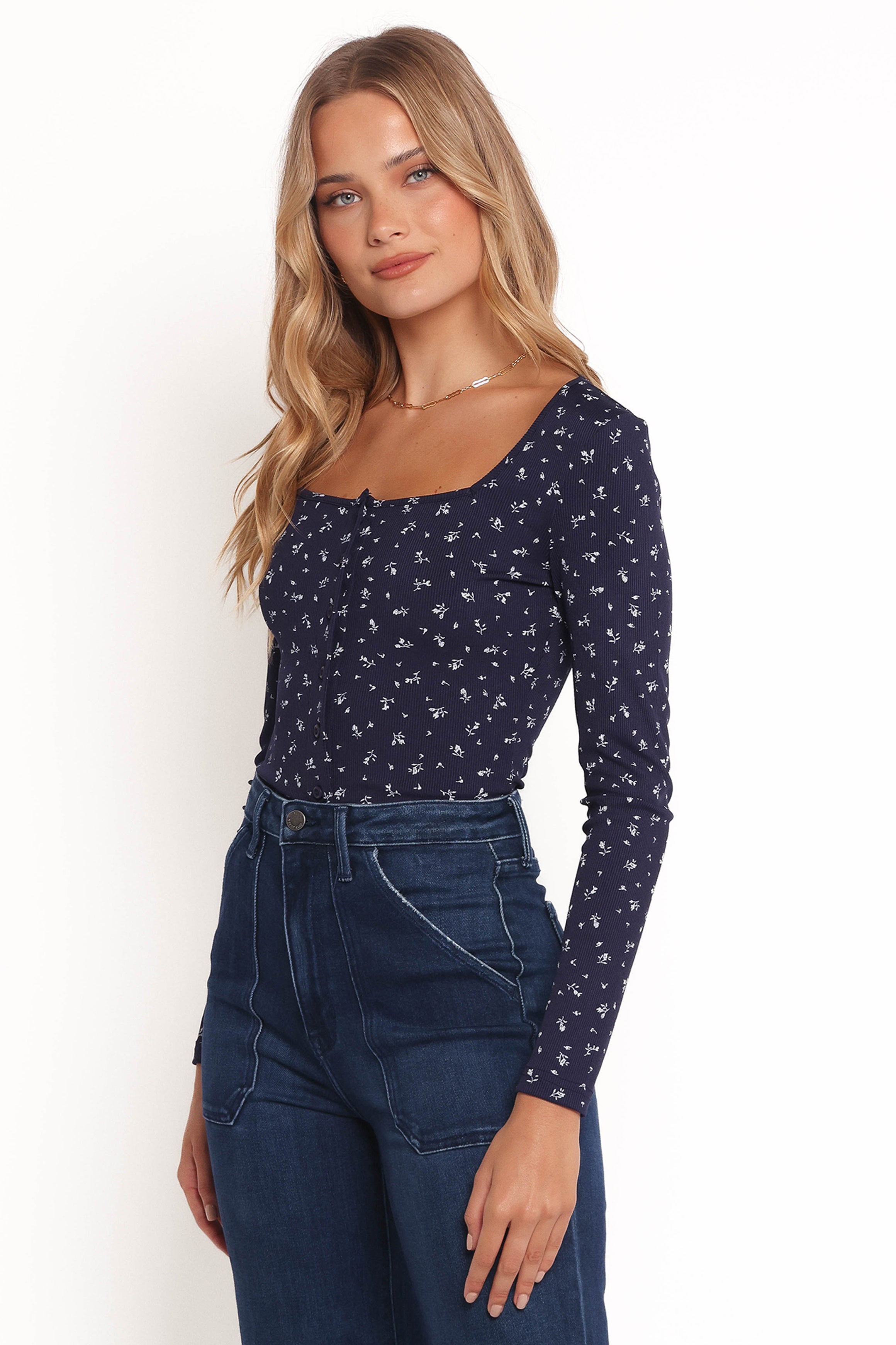 Keanu Women's Long Sleeve Blouse - Navy Blue Floral Print Ditsy Pattern Tops for Casual Wear & Office Outfits