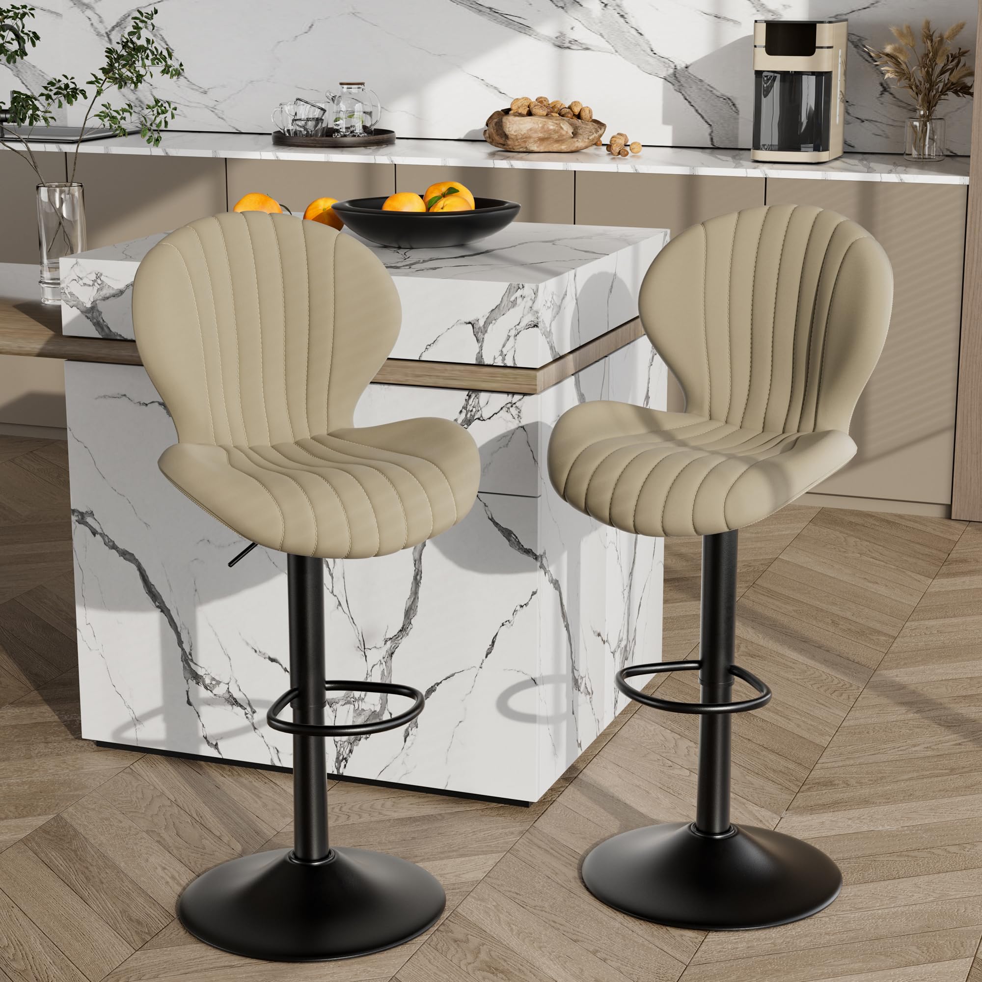 Modern Bar Stools Set of 2 - Adjustable Swivel Counter Height Stools with High Backrest, Beige Kitchen Island Stools for Dining Room, Bar & Home Decor