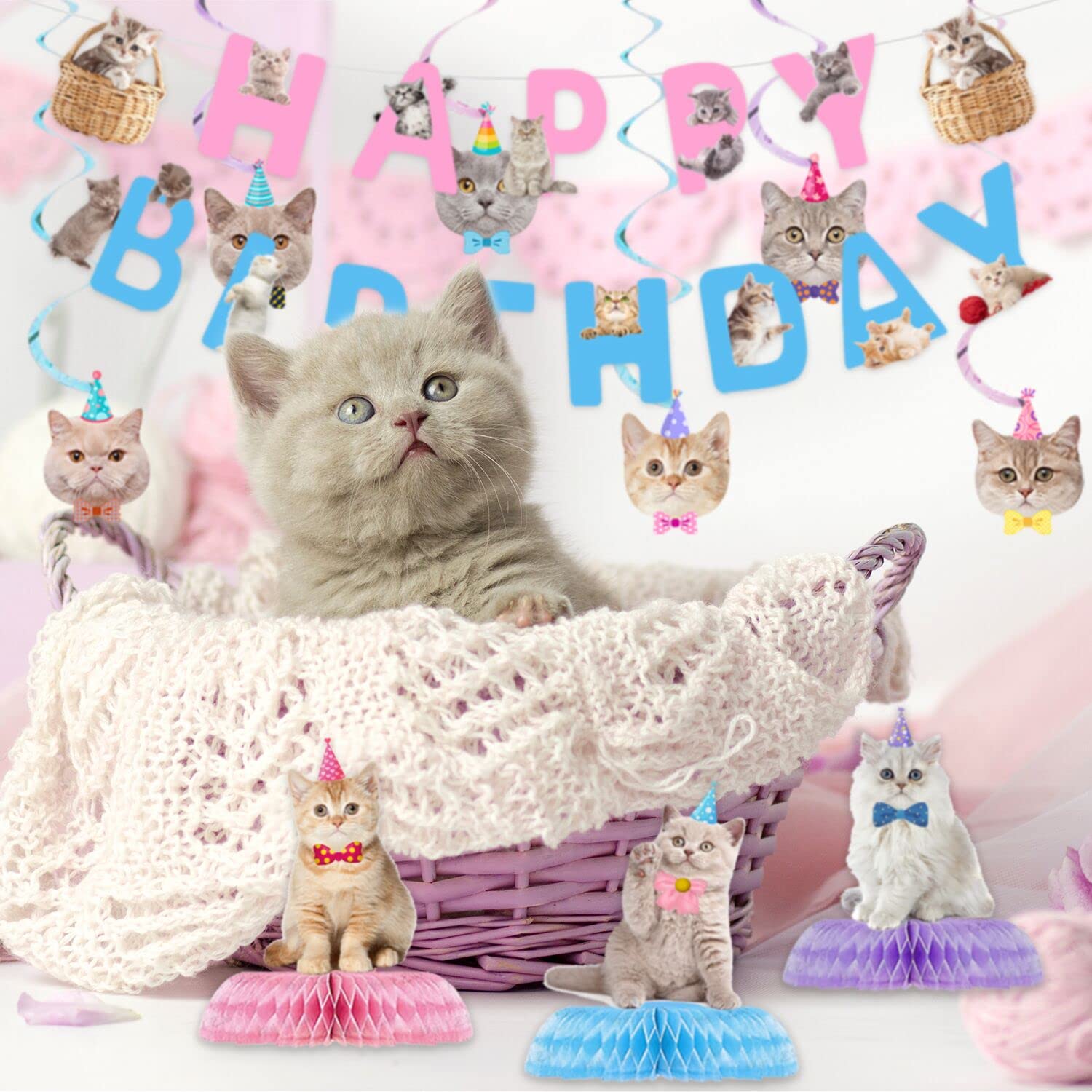 16 Pcs Cat Birthday Party Supplies Kit - Includes Happy Birthday Banner, Hanging Cutouts, Swirl Decorations & Honeycomb Centerpieces for Kitten Themed Parties | Perfect for Cat Lovers' Birthday Celebrations, Baby Showers & Pet Adoption Events