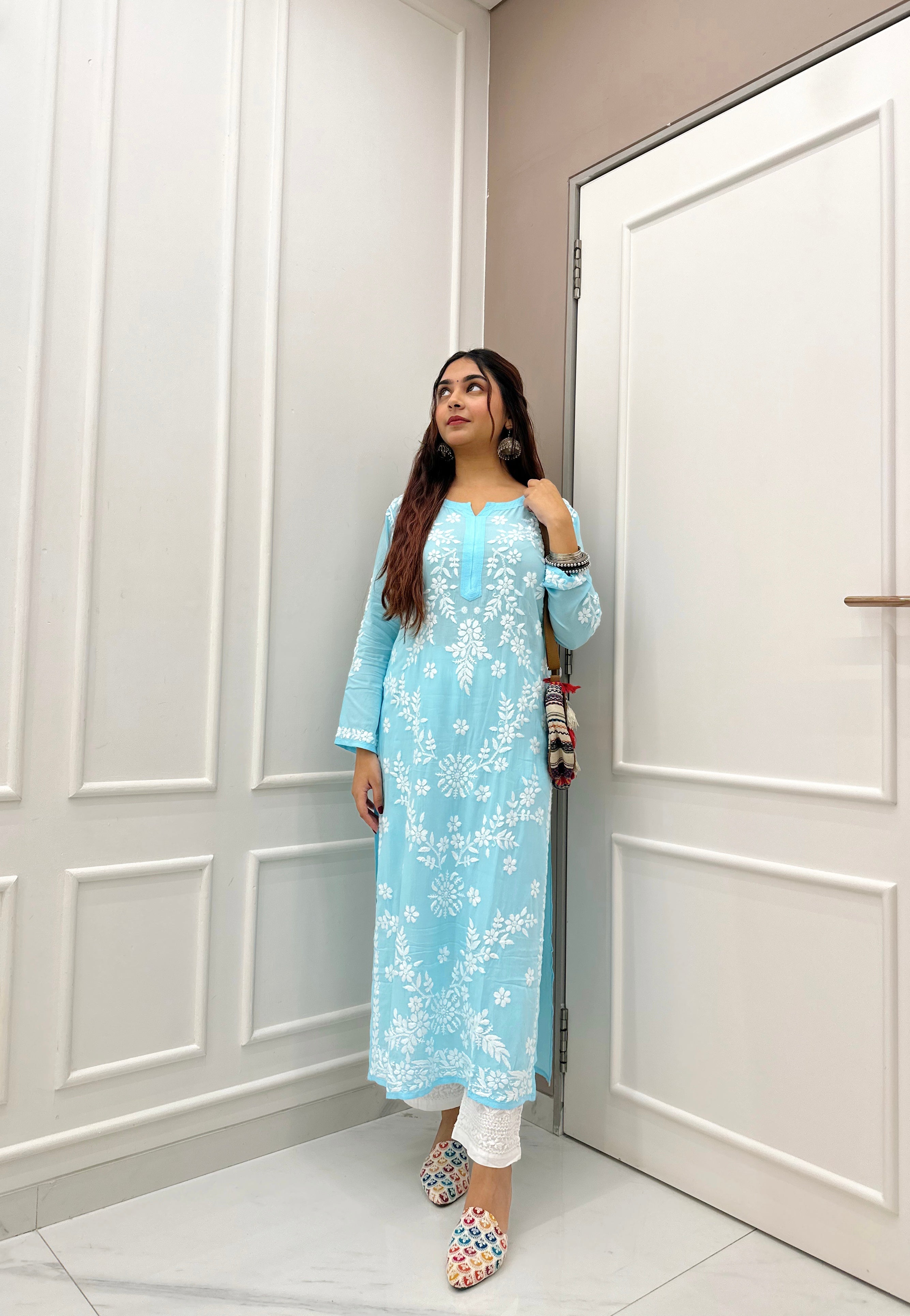Sharmin Chikankari Long Kurti for Women - Blue Modal Cotton Traditional Indian Dress for Casual Wear & Festive Occasions