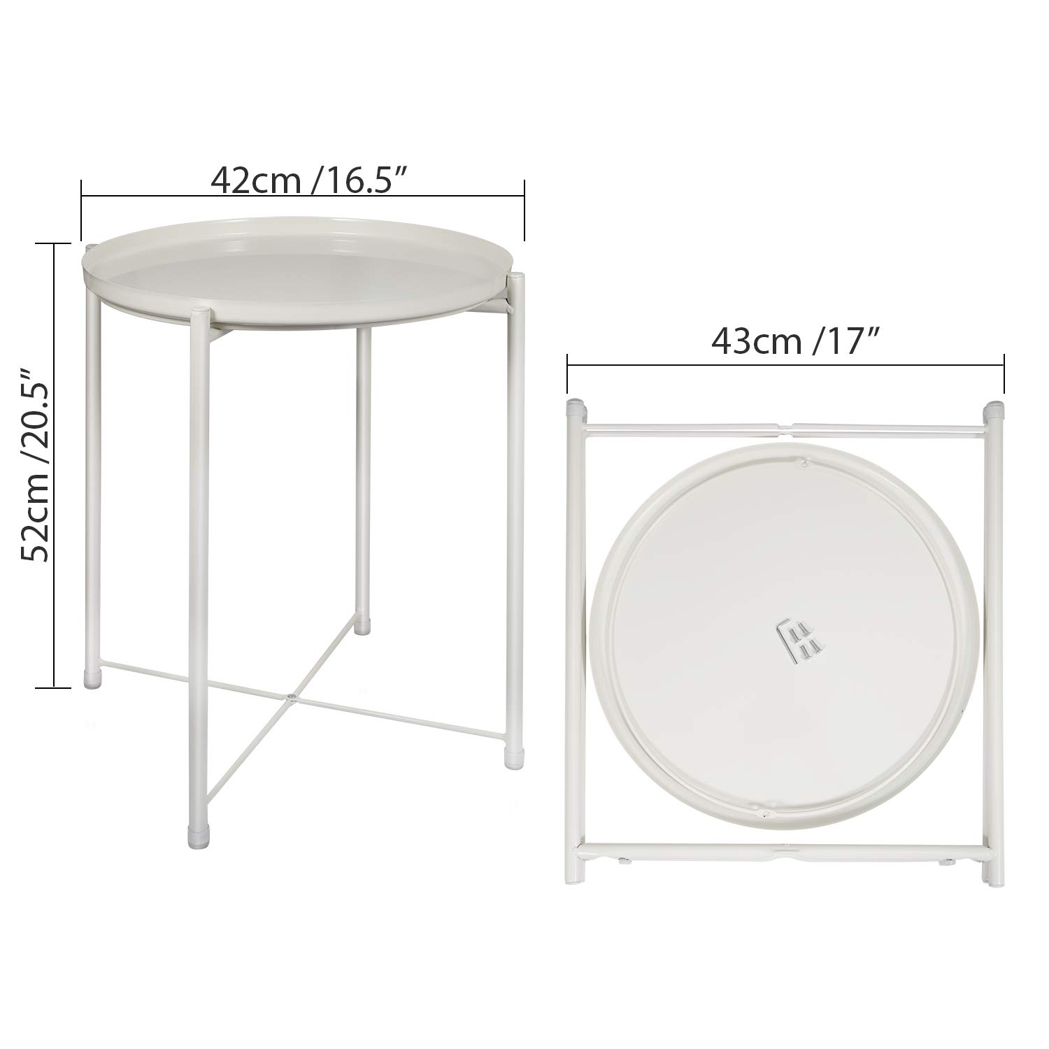 Round Metal Tray End Table - Small Side Table with Removable Tray for Living Room, Bedroom, Outdoor & Indoor Use - Perfect Nightstand and Sofa Snack Table (White)