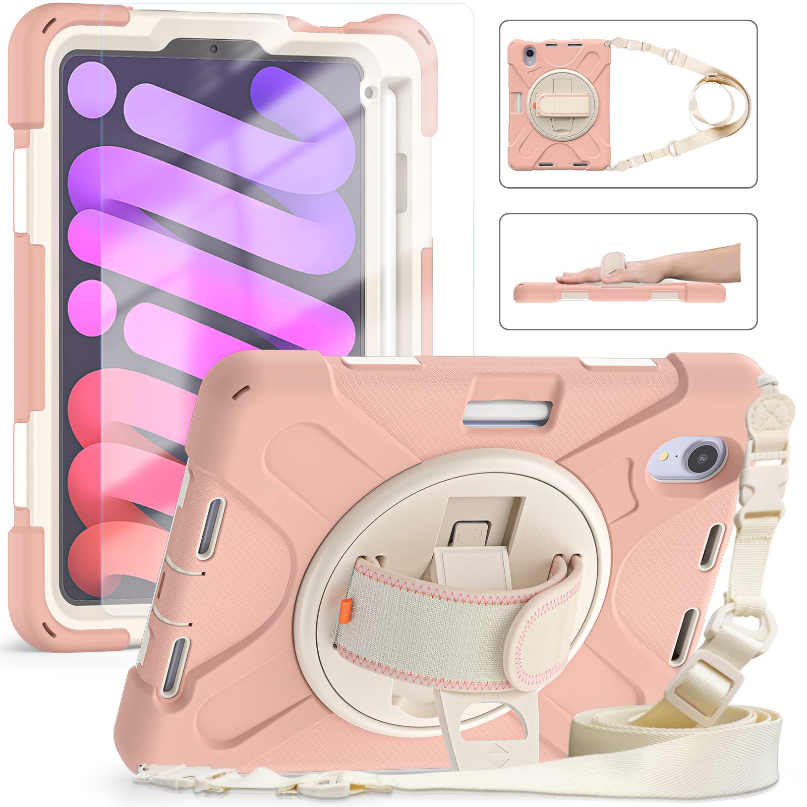TSQQST iPad Mini 6 Case 2021 - Shockproof Protective Cover with Built-in Screen Protector & Apple Pencil Holder | 360° Rotating Stand, Adjustable Hand Strap & Detachable Shoulder Strap | Full Body Protection for iPad Mini 6th Generation 8.3