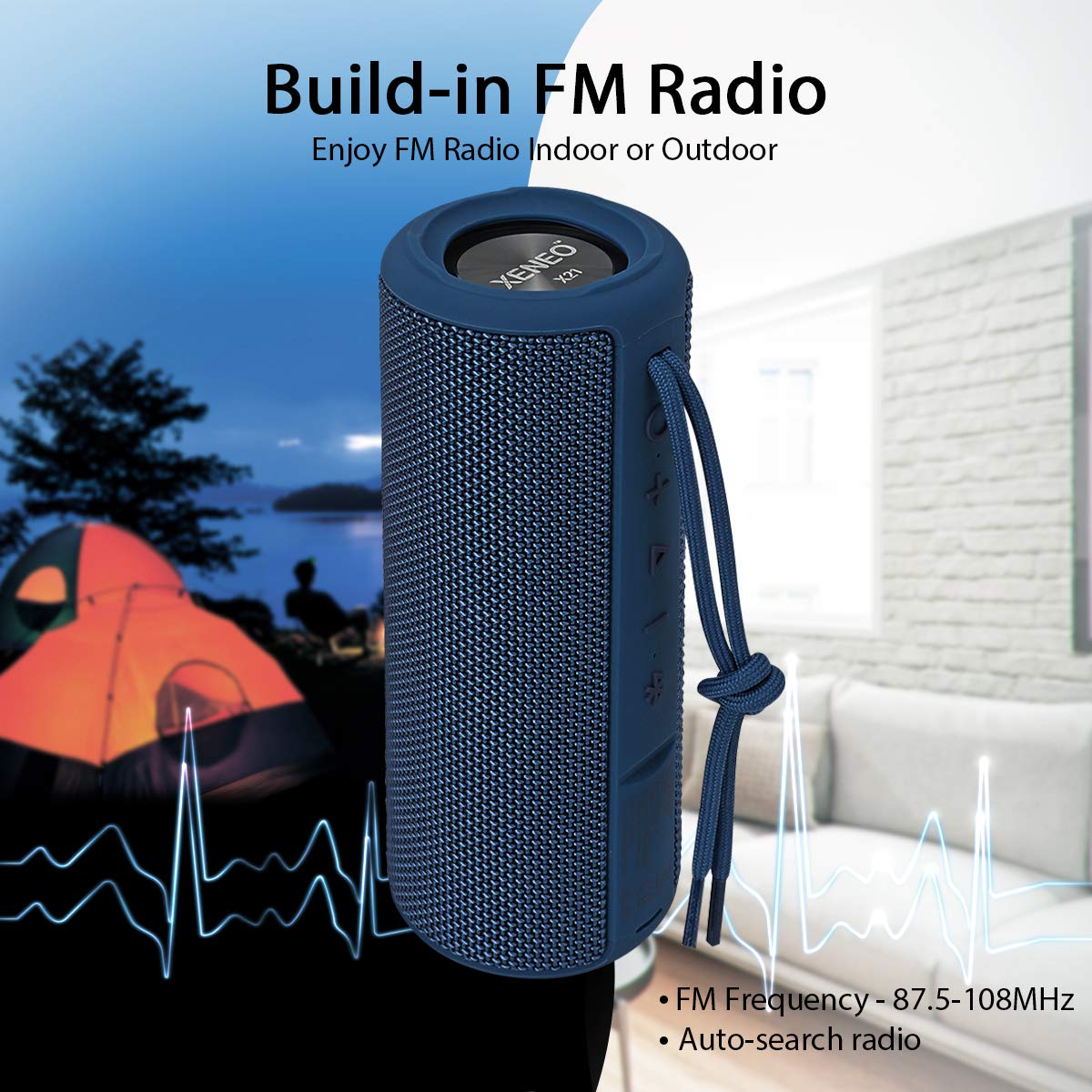 X21 Portable Bluetooth Speaker - Wireless, Waterproof, FM Radio, MP3 Player with Micro SD Card - Perfect for Outdoor, Beach, Camping & Travel (Blue)