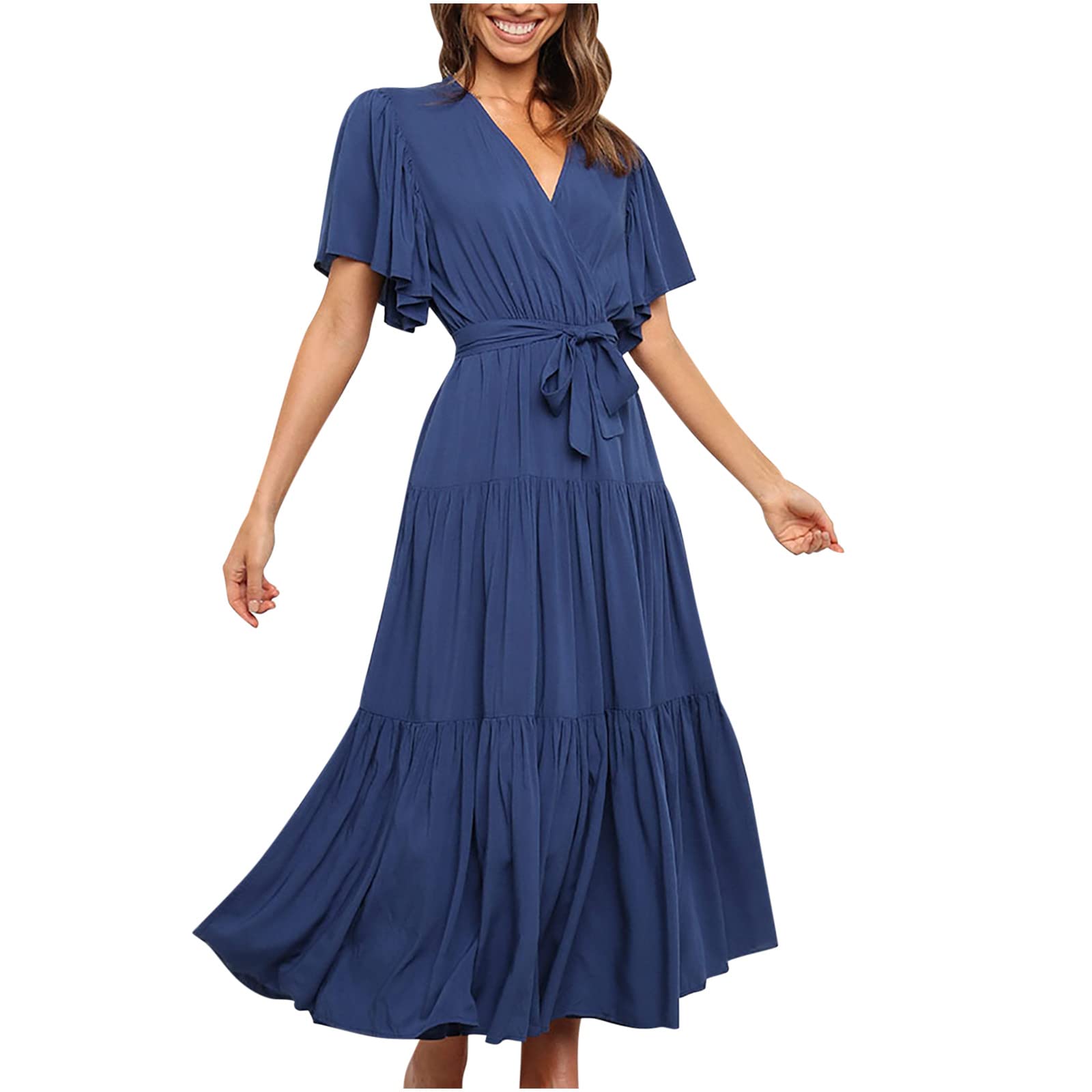 2022 Women's Summer Dresses - Solid Color Short Sleeve Loose Ruffled Lace Dress for Wedding Guests & Special Occasions | Casual Beach Wear & Party Outfit