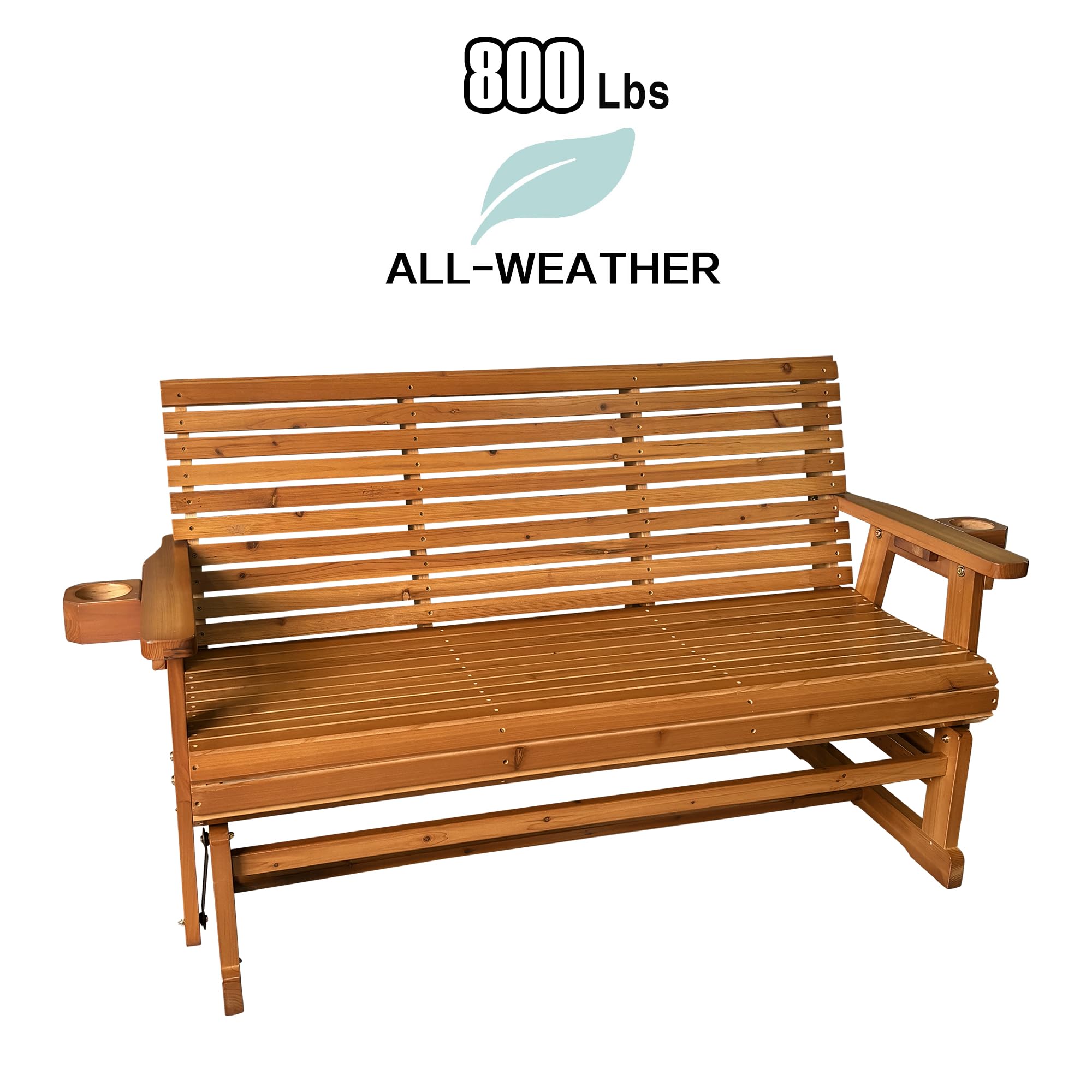Fortune Candy 3-Seater Patio Glider with Cup Holders - High Roll Back & Deep Contoured Seat - Heavy Duty 800 lb Capacity - 5 Feet Teak Tone Outdoor Furniture - Perfect for Backyard, Garden, Deck or Poolside Relaxation