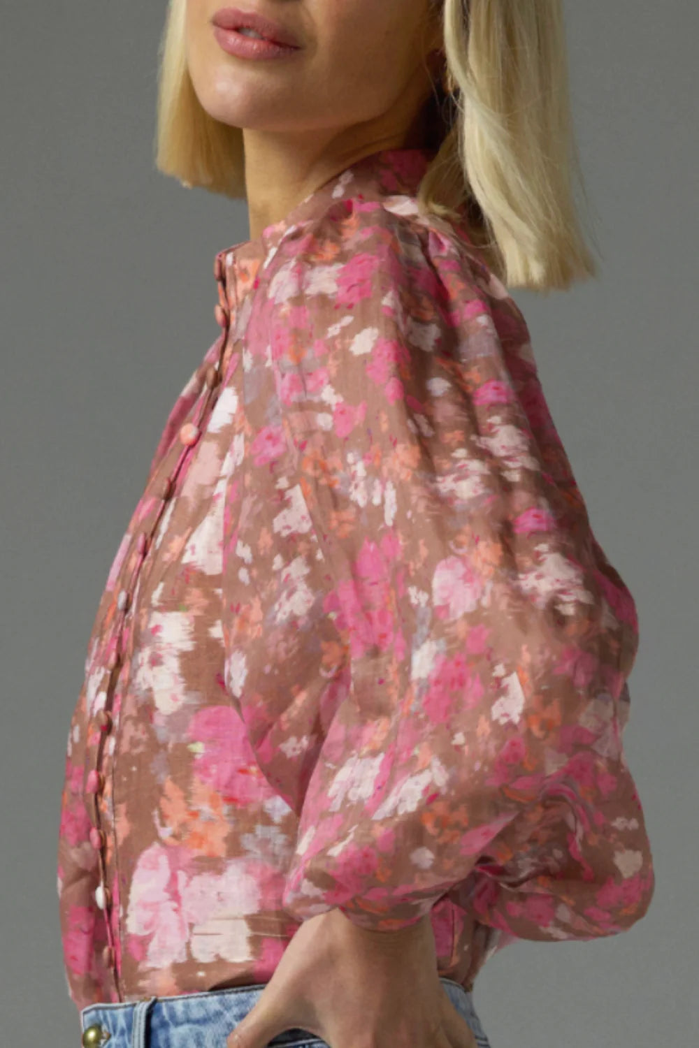 Atlas Blush Blur Long Sleeve Blouse with Front Buttons - Elegant Office Wear & Casual Outfit for Women