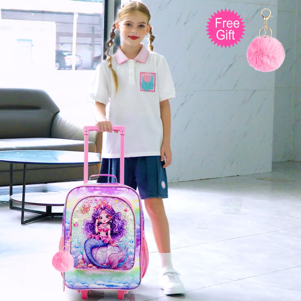 Sparkly Mermaid Rolling Suitcase for Girls - Kids Sequins Luggage with Wheels, Cute Travel Carry-On for Toddler, Preschool & Elementary School - Perfect for Airplane Trips, Sleepovers & Vacation Adventures