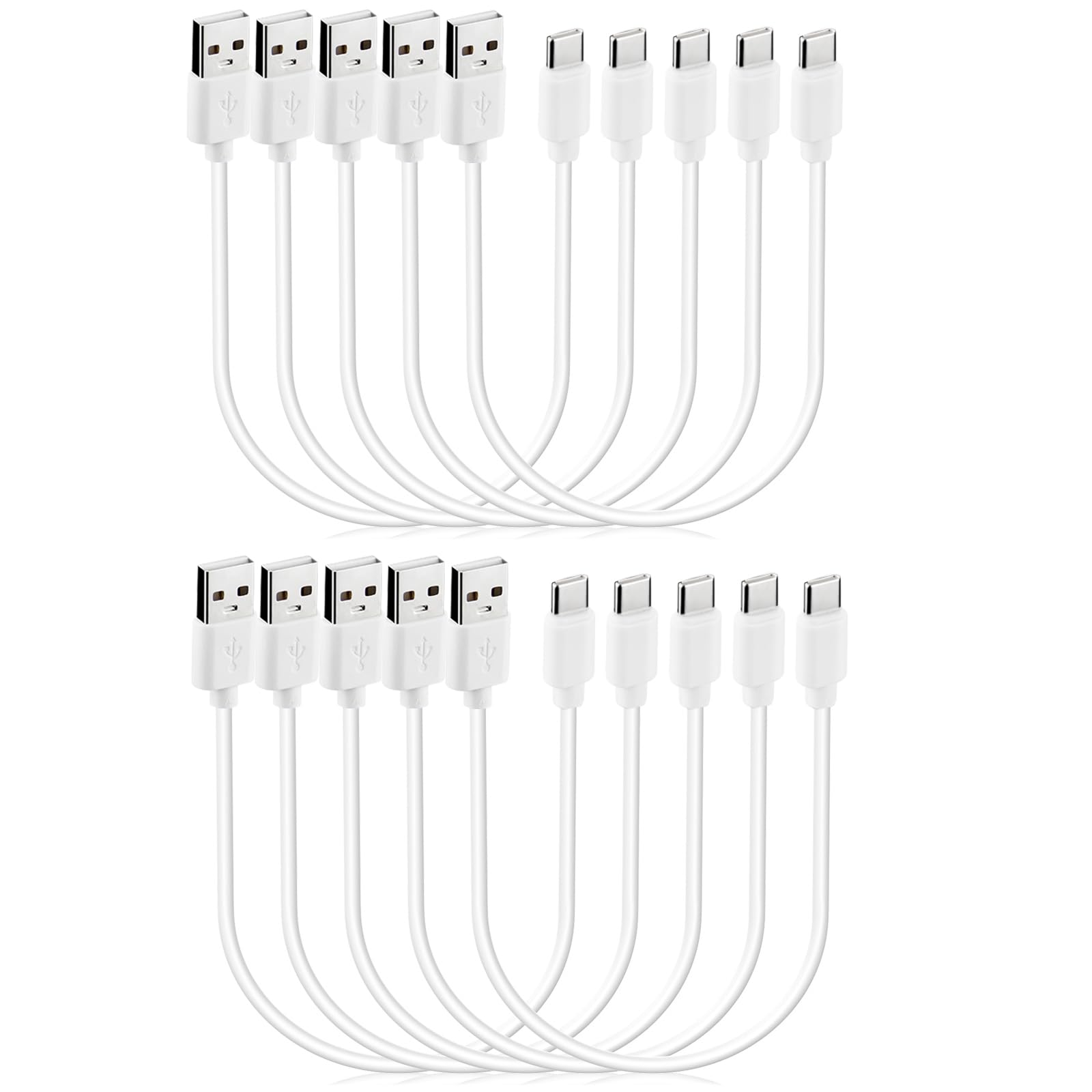 10-Pack 1ft USB C to USB A Fast Charging Cables - Short Bulk Charging Cord Set for iPhone, Android, Samsung - Perfect for Home, Office, Car & Travel Accessories (White)