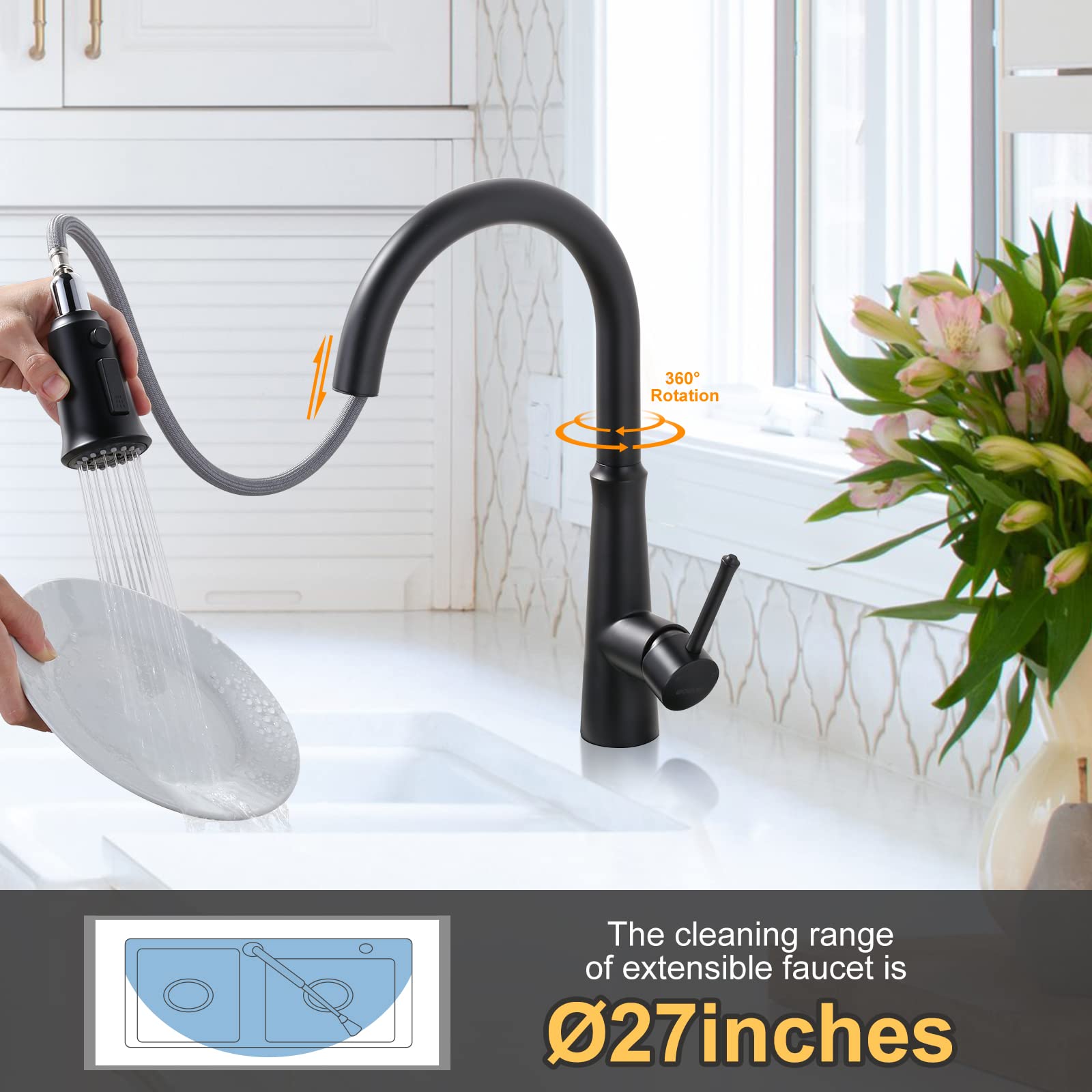 Matte Black Kitchen Faucet with Pull Down Sprayer - Stainless Steel High Arc Single Hole Faucet for Sinks, 1 or 3 Hole Installation, 360° Swivel Spout - Perfect for Modern Kitchens, RVs, and Small Spaces