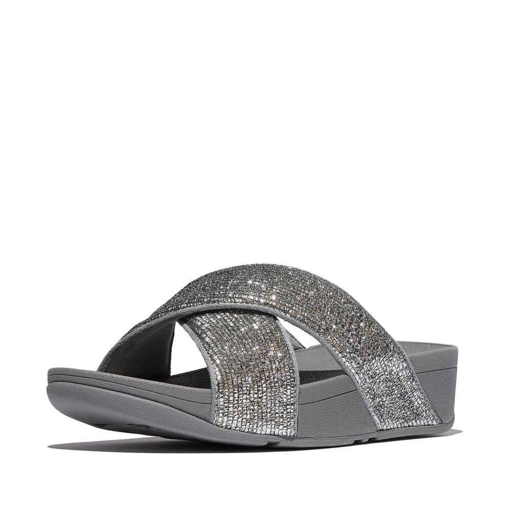 FitFlop Lulu Crinkled Shimmer Cross Slides Sandals for Women - Comfortable Metallic Silver Flip Flops | Perfect for Beach, Pool, and Summer Outfits