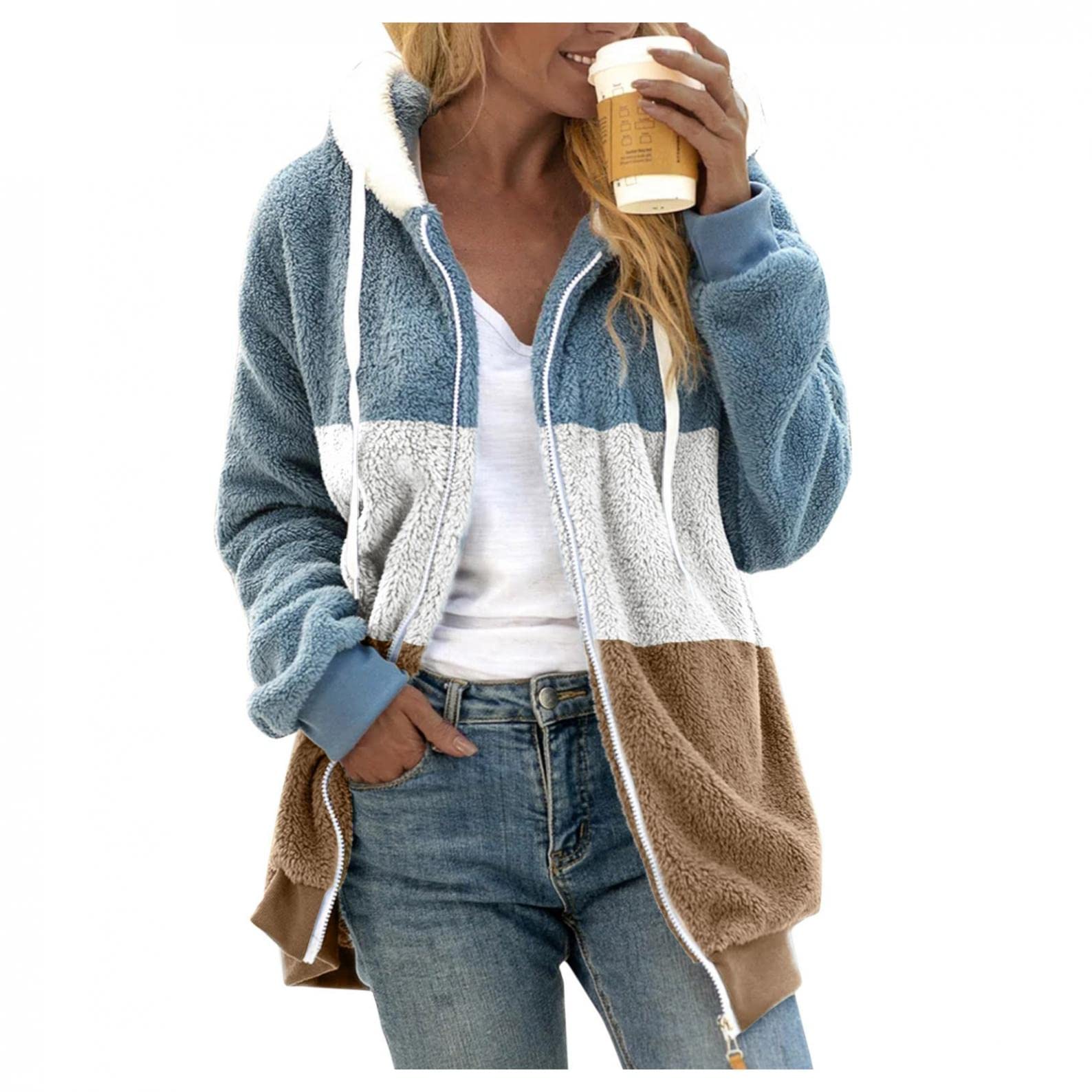 Women's Fleece Hooded Zipper Sweatshirt - Color Block Fuzzy Plush Pullover Hoodie for Casual Wear & Winter Coats | Cozy Loungewear, Outdoor Activities & Layering