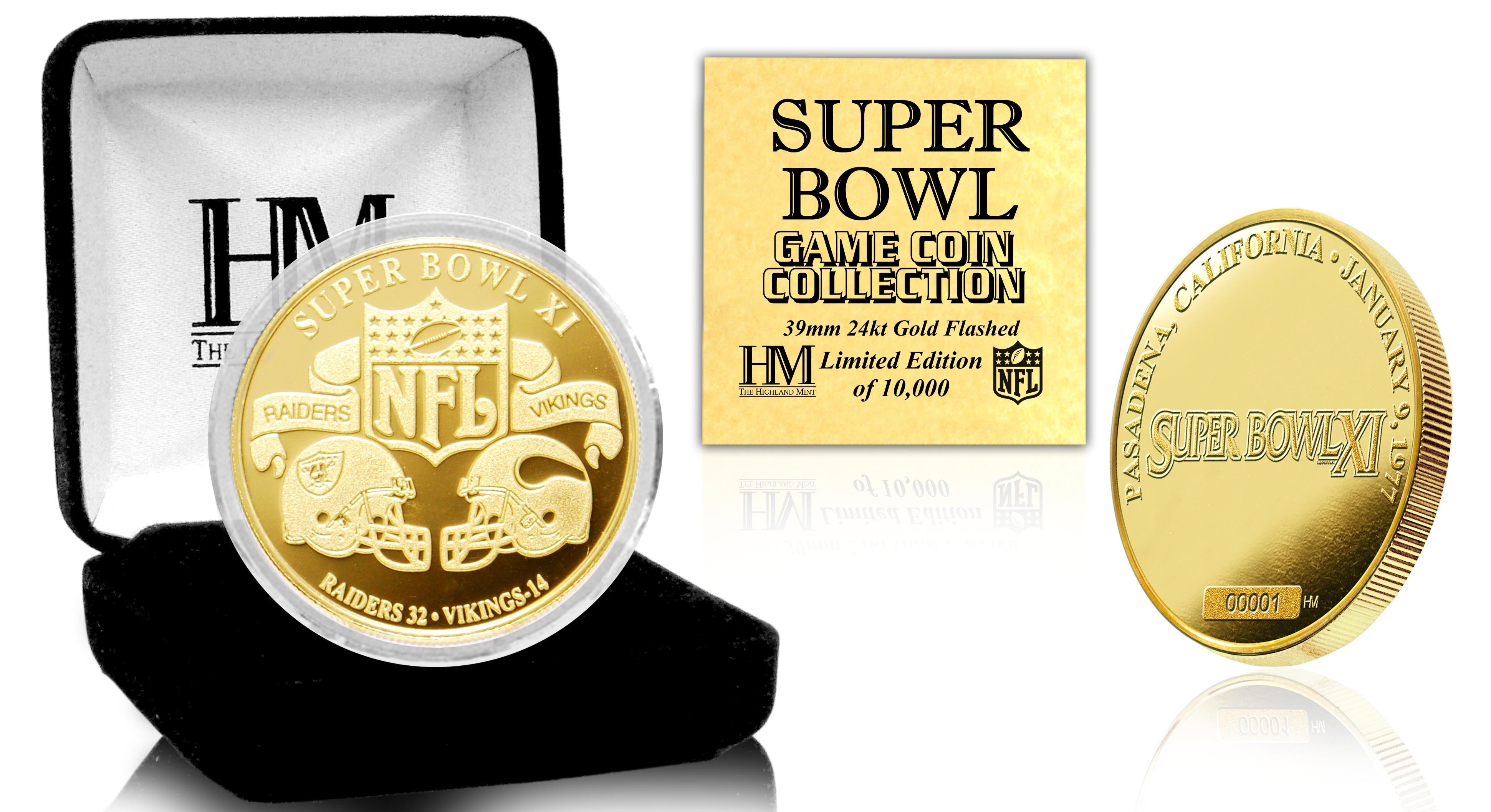 Official Super Bowl XI 24K Gold Plated Commemorative Flip Coin - Collector's Edition for Football Fans, Sports Memorabilia & Game Day Tossing