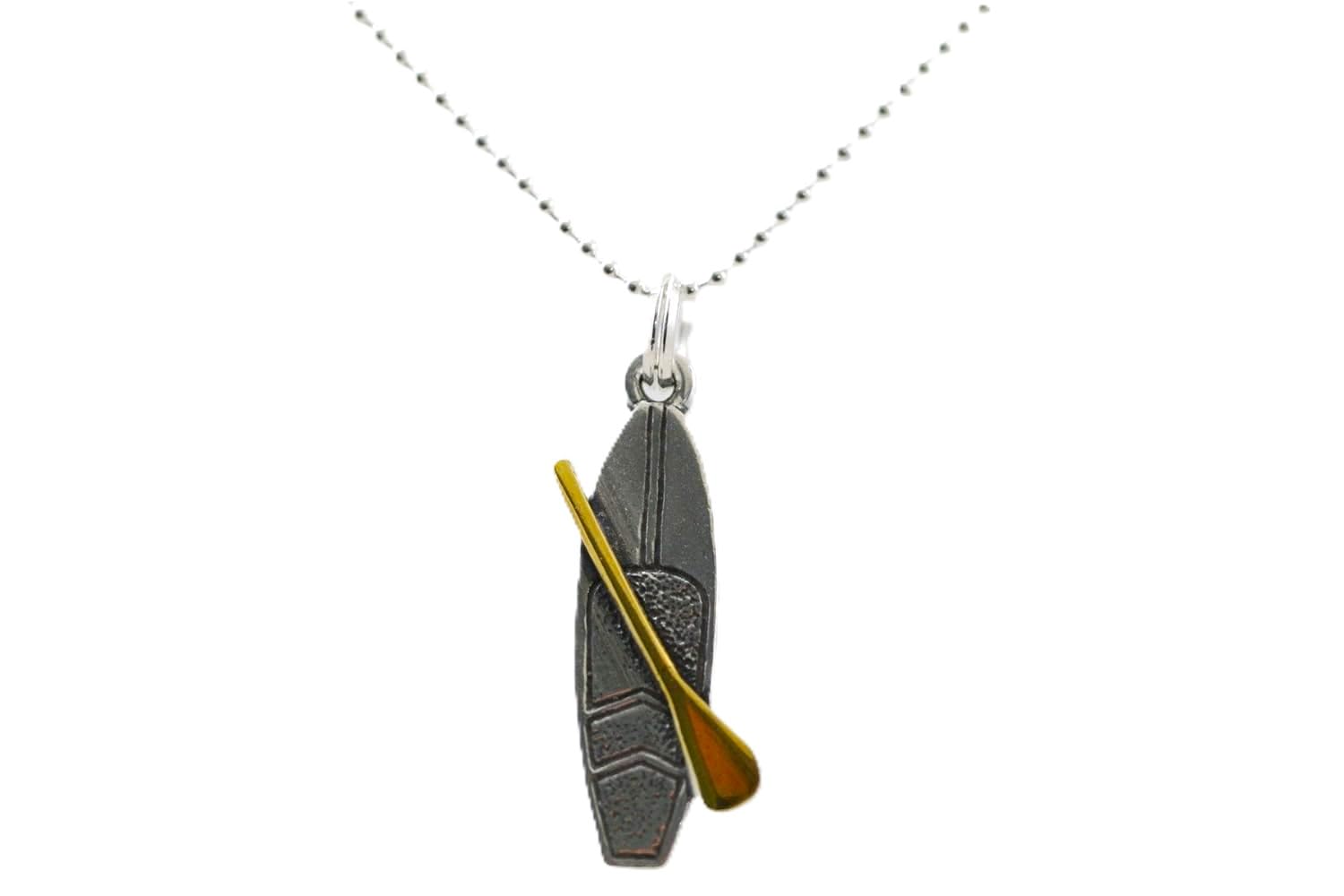 Sterling Silver & Gold Stand Up Paddle Board Necklace - SUP Pendant Jewelry (14-30 Inch Adjustable) for Surfers, Beach Lovers & Water Sports Enthusiasts