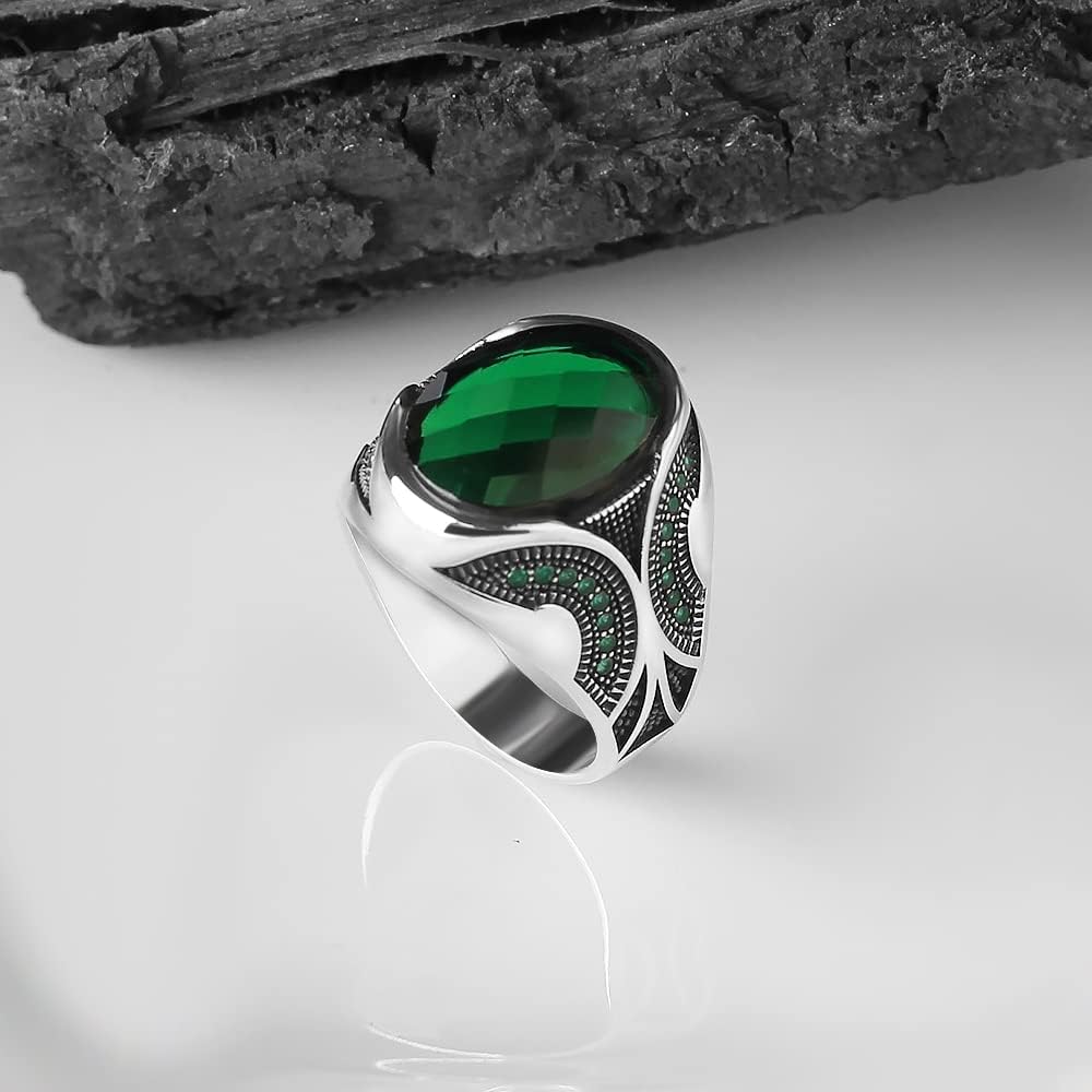 925 Sterling Silver Men's Ring with Natural Emerald Gemstone - Handmade Engraved Minimalist Silver Jewelry - Perfect Gift for Him - Anniversary, Wedding, Birthday & Everyday Wear (Size 15)
