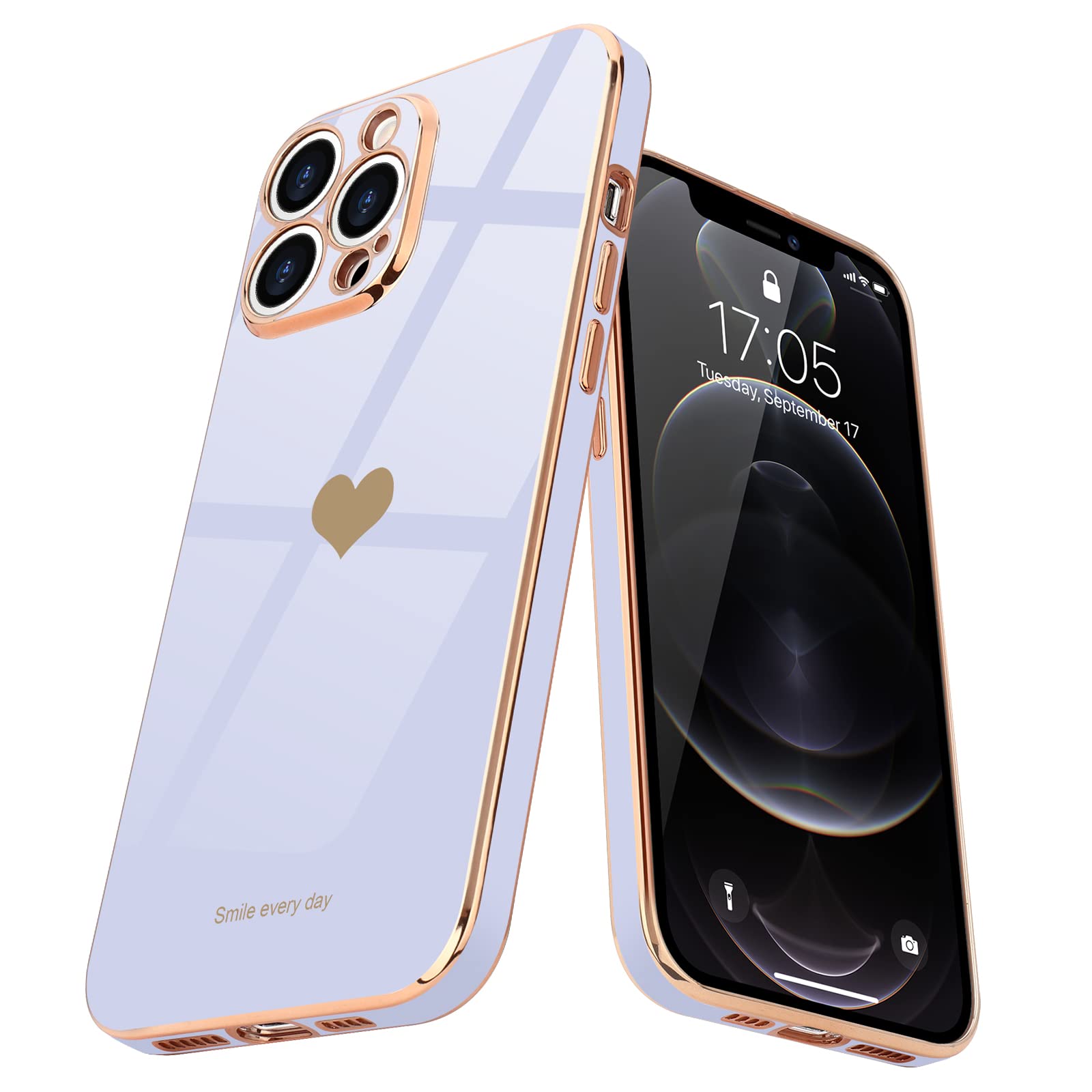 Teageo Cute Love Heart Luxury Bling Plating Soft Silicone Case for iPhone 12 Pro - Shockproof Protective Cover with Raised Camera Bumper, Purple - Perfect Gift for Women & Girls (Office, School, Travel, Daily Use)