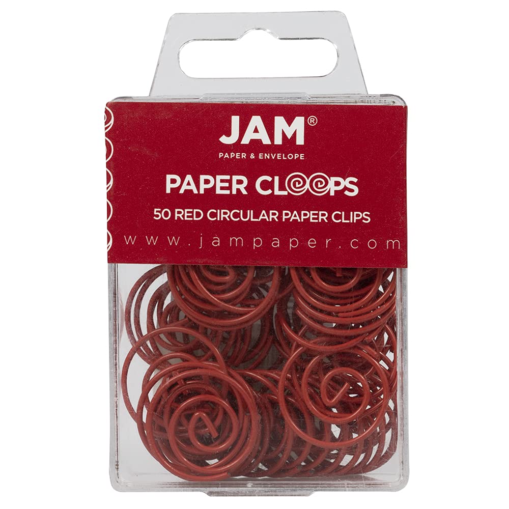 JAM PAPER Circular Paper Clips - Round Paperclips for Office & School Supplies - Red - 50/Pack - Perfect for Organizing Documents, Photos & Craft Projects