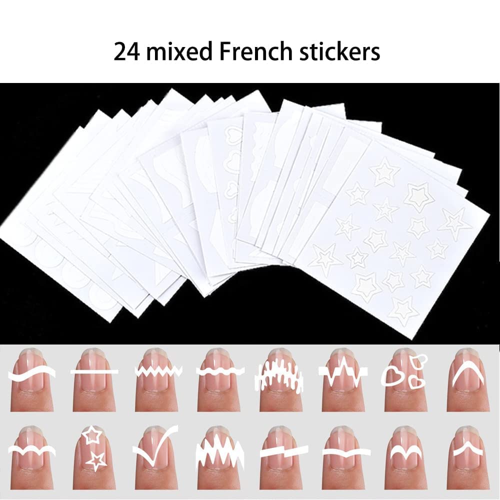24 Sheets French Manicure Nail Art Stickers with 15PCS 3D Charms & Rhinestones - DIY Nail Decoration Kit for Salon, Home Manicure, Party & Wedding Nail Art Designs