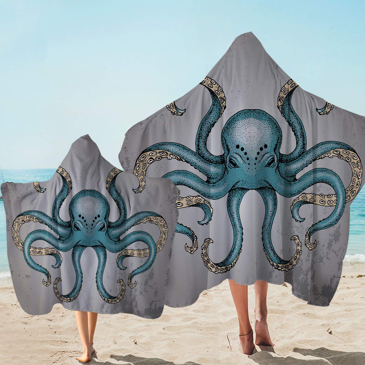 Funny Cartoon Blue Octopus Beach Towel for Adults - Hooded Bath Towel, Wearable Bathroom Towel, Men's Swim Cover Up - Perfect for Pool, Beach, and Spa