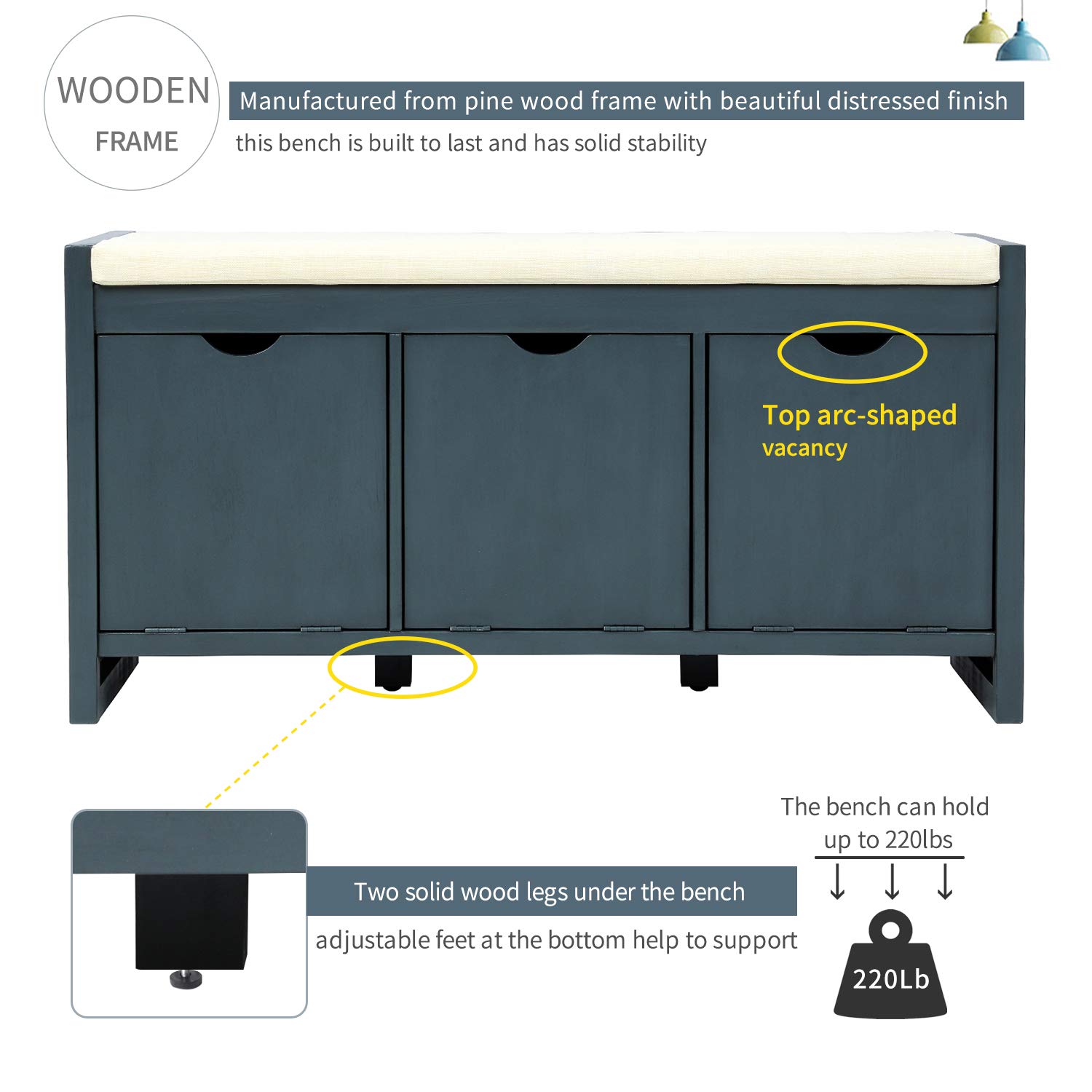 Storage Bench with Removable Cushion & 3 Flip-Up Compartments - Entryway Organizer for Shoes & Accessories | Hallway Seating Solution | Antique Navy Home Decor