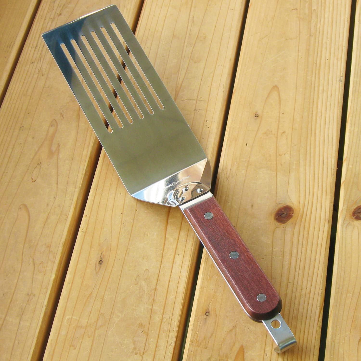 Premium All-Purpose Turner with Wooden Handle - 370mm Burger Flipper & Spatula with Hook for Grilling, Frying & Cooking - Perfect for BBQ, Pancakes, Eggs & More
