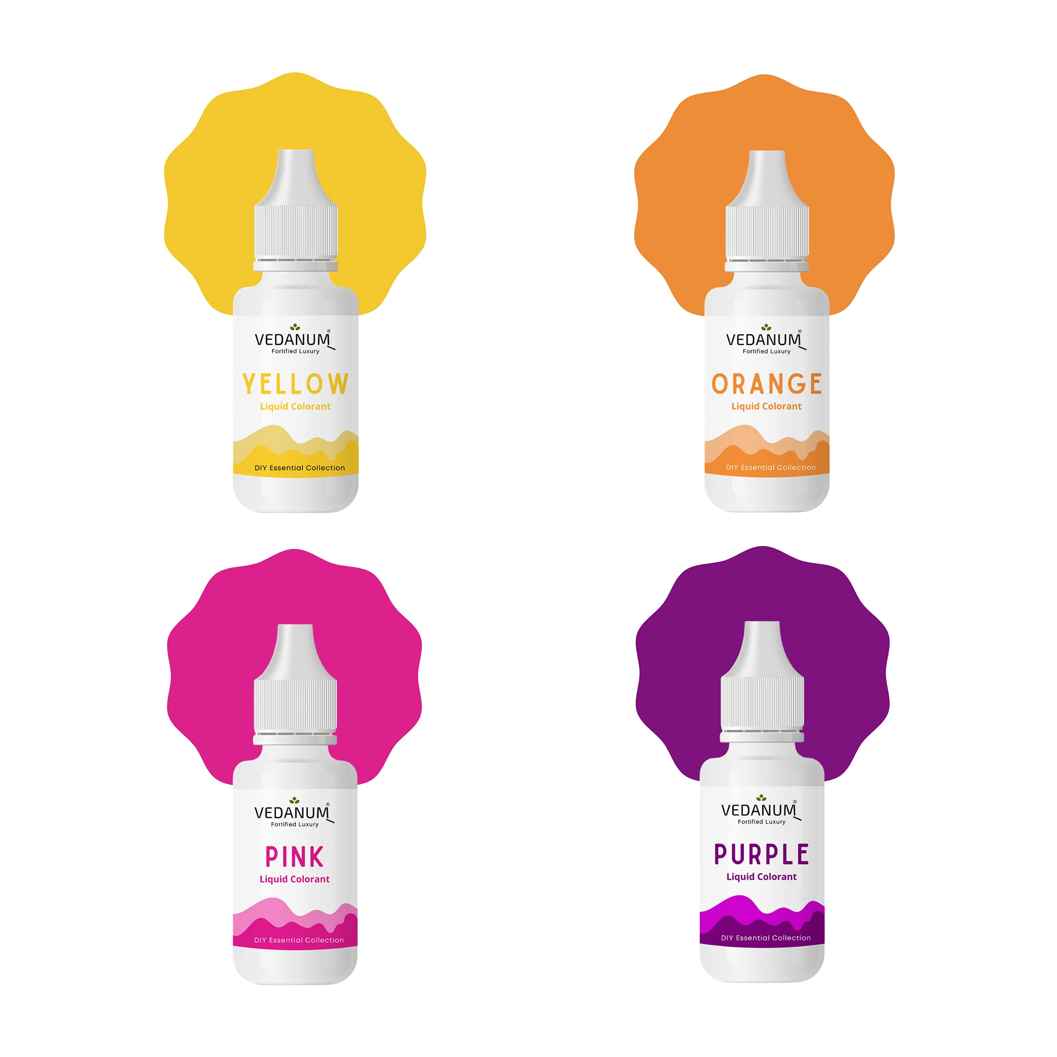 VEDANUM DIY Liquid Colors for Soap & Cosmetics - 4 Pack (15ml) | Yellow, Orange, Pink, Purple | Bath Bombs & Skincare Making